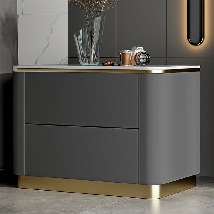 Contemporary Faux Leather Nightstand with Drawer Storage and Stone Countertop