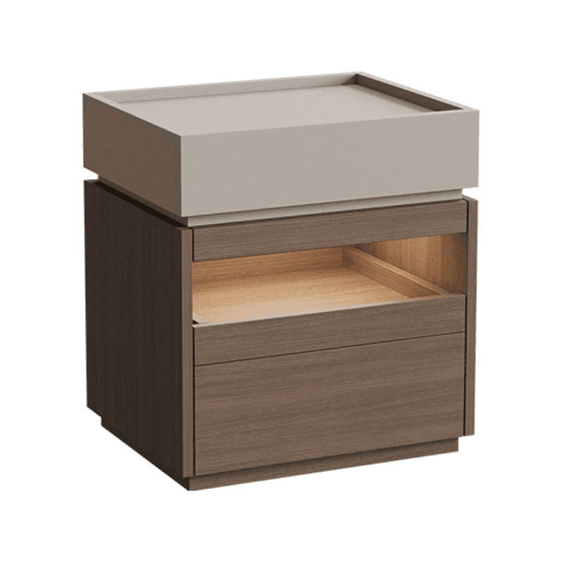 Organic Modern Nightstand With Drawer Organization, Particle Board Wood Countertop, and Illuminating Lighting