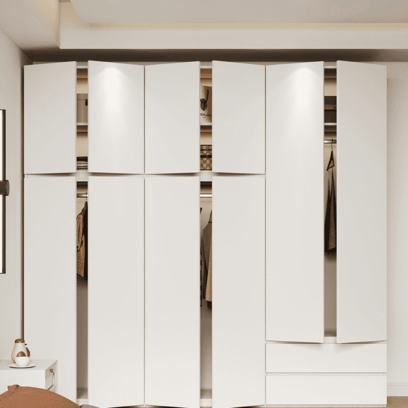White Minimalist Manufactured Wood Independent Wardrobe Closet with Soft Close Drawer, Soft Close Door, and Interior Shelves