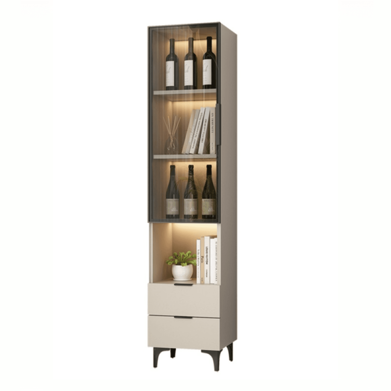 Rectangle Utility Cabinet with Locker, Glass Door, Pull Bars, White/Espresso/Off White Top, Soft Close Drawer, and Light - image 7