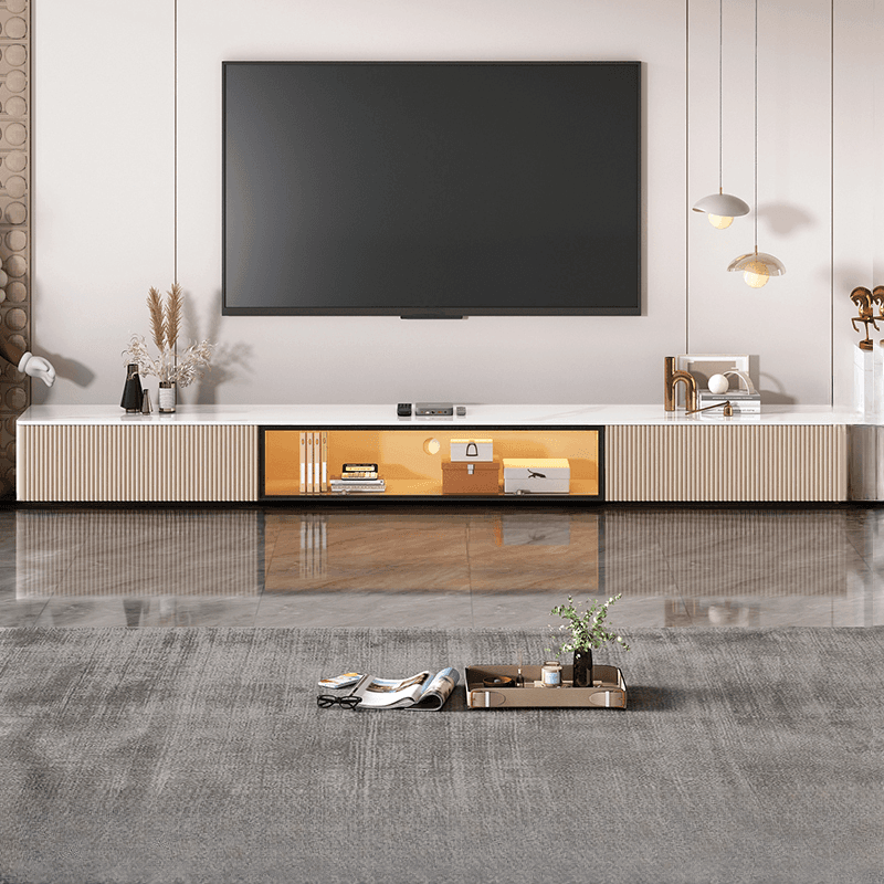 Art Deco Sintered Stone Rectangular TV Stand with 2 Drawers, Hutch, Cable Management, and Light - image 4