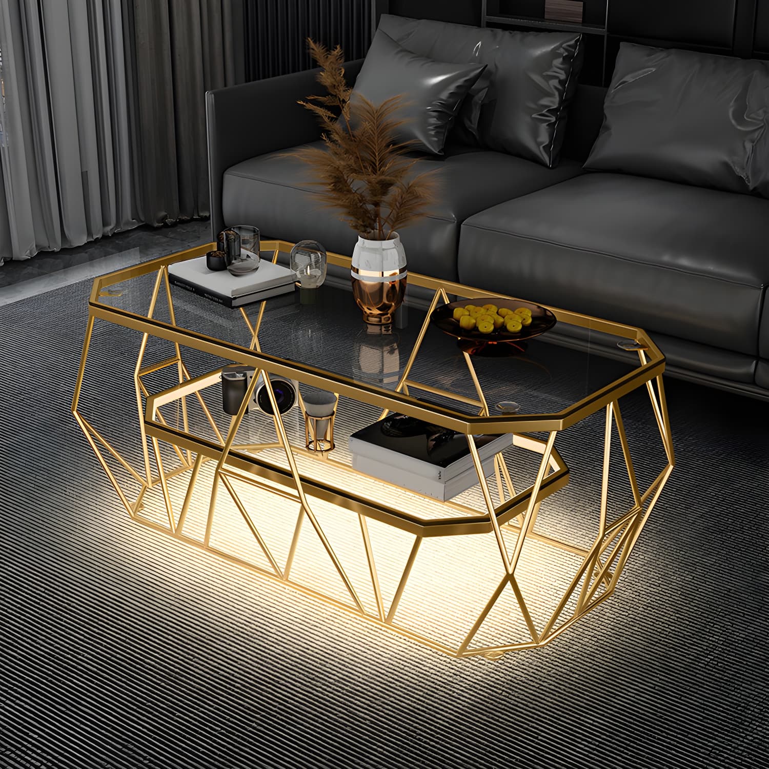 Octagon Glass Glam Coffee Table with Gold Iron Frame and Tempered Glass Top