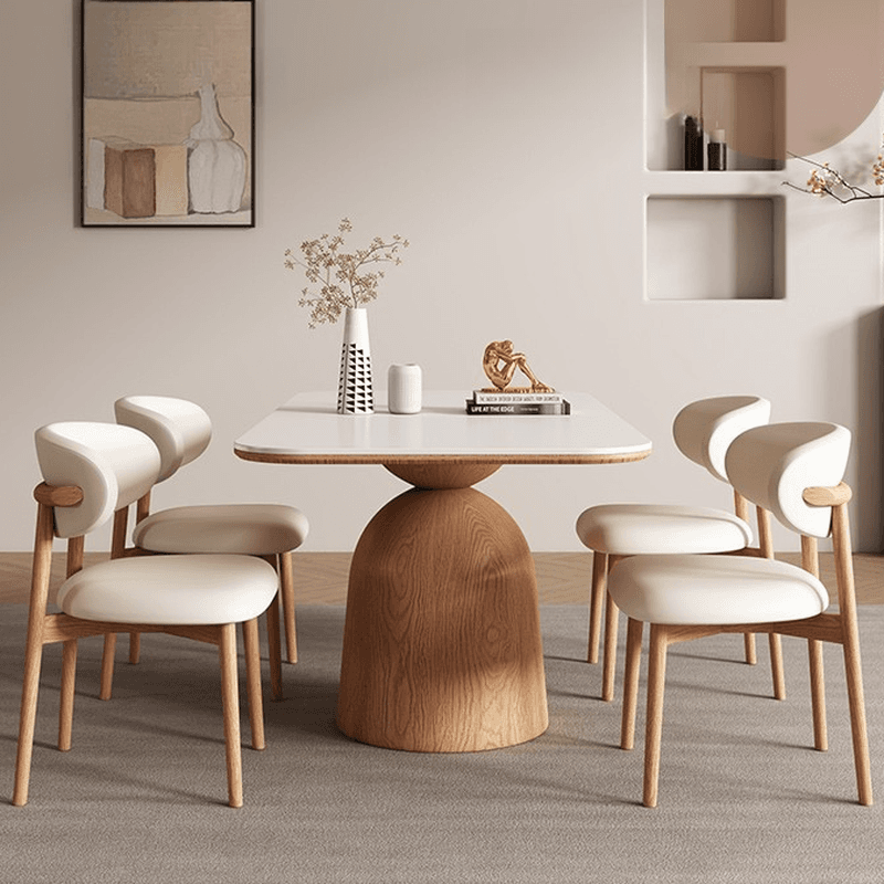 Dining Table Set with Rectangular White Slate Stone Top and Stump Base, Featuring Padded Chair with Back