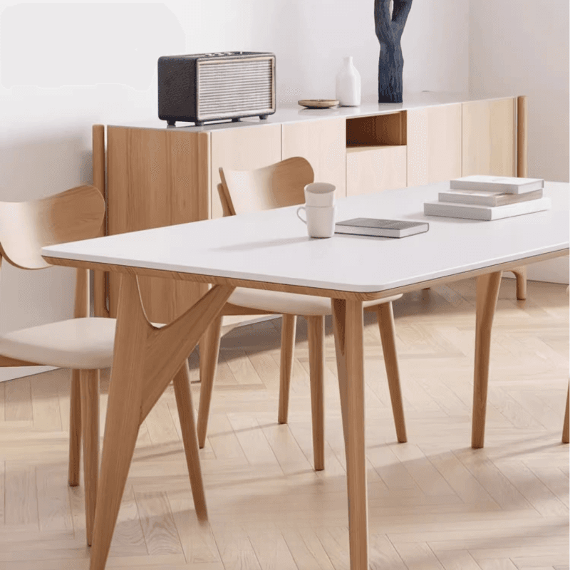 Dining Table Set with Slate Stone Top, Enclosed Back, Fixed Table, Padded Chair for 6 People in White - image 5