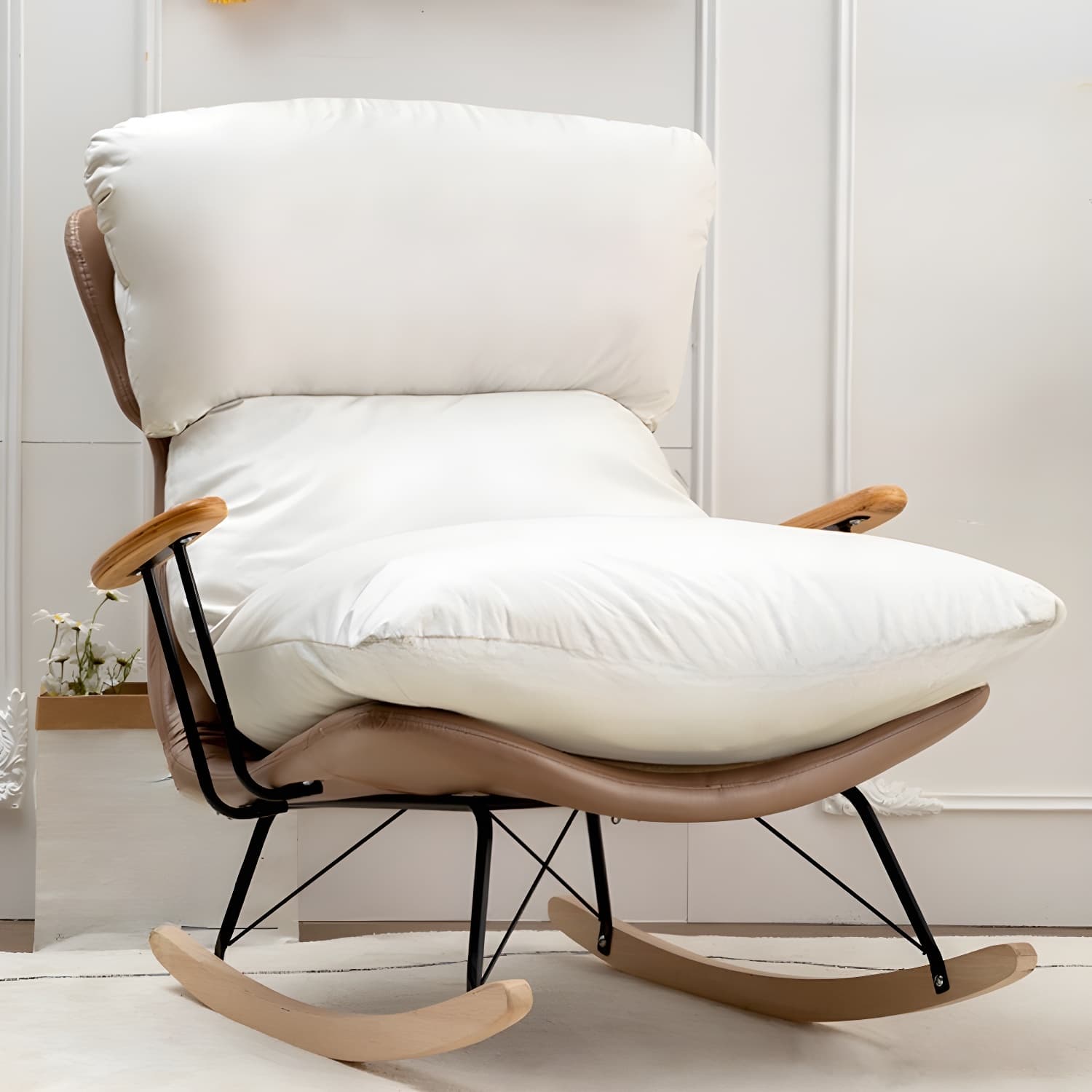 Scandinavian Indoor Upholstered Rocking Chair with Track Arms and Natural Wood Legs
