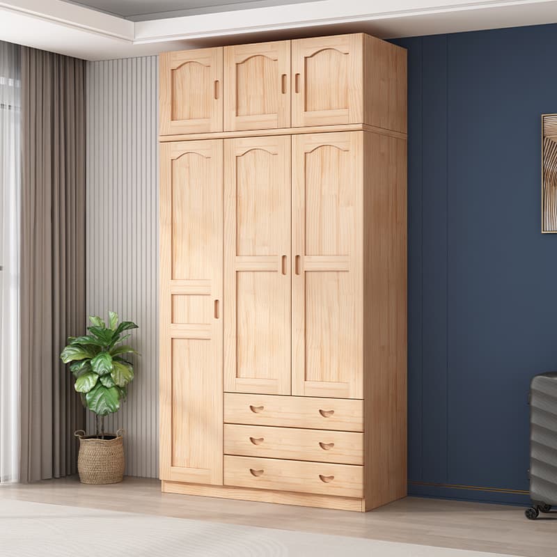 Modish Natural Color Reclaimed Wood Wardrobe Armoire with Soft Close Drawer, Soft Close Door