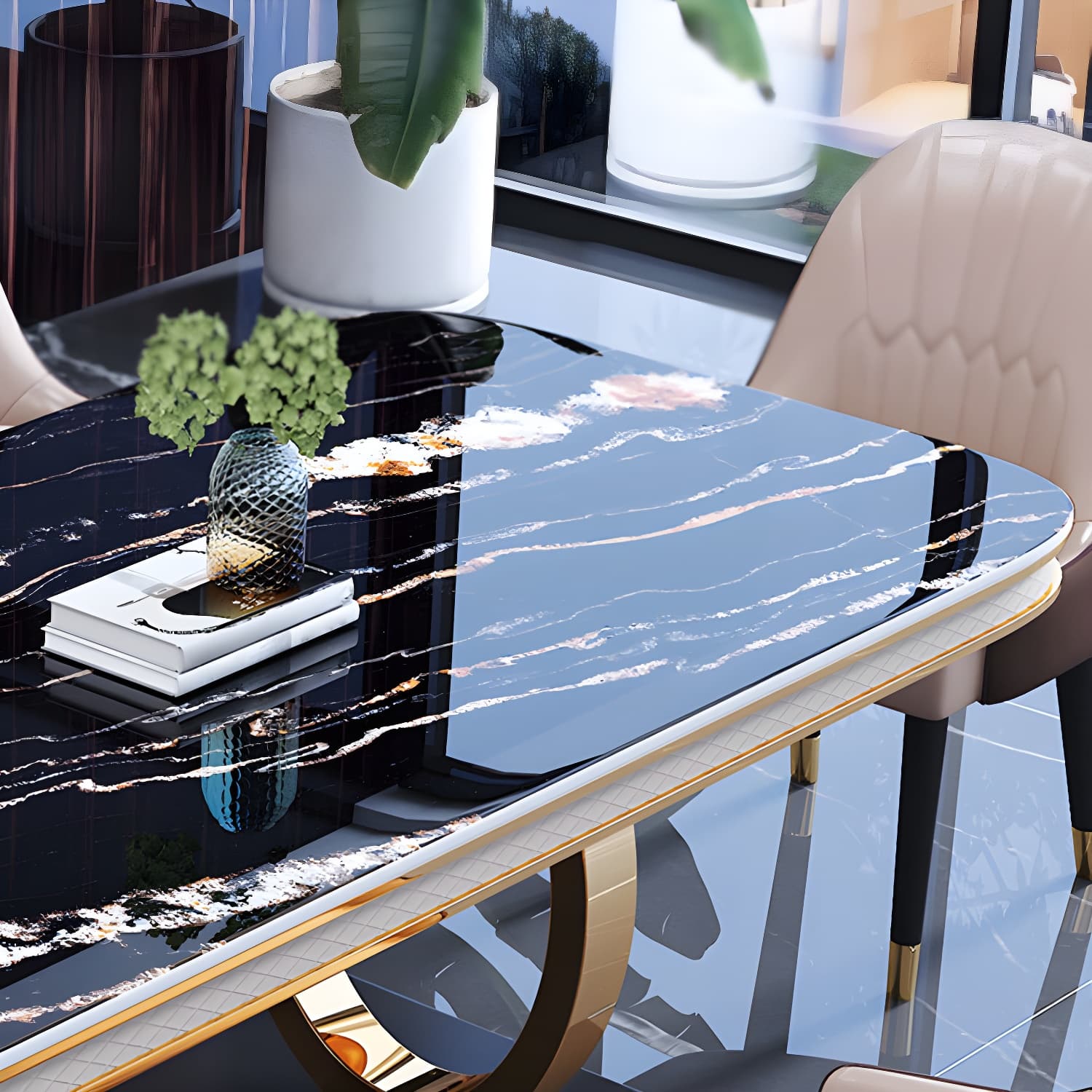Stone Top Dining Table Traditional Luxury Table with Pedestal Base in Gold - image 6