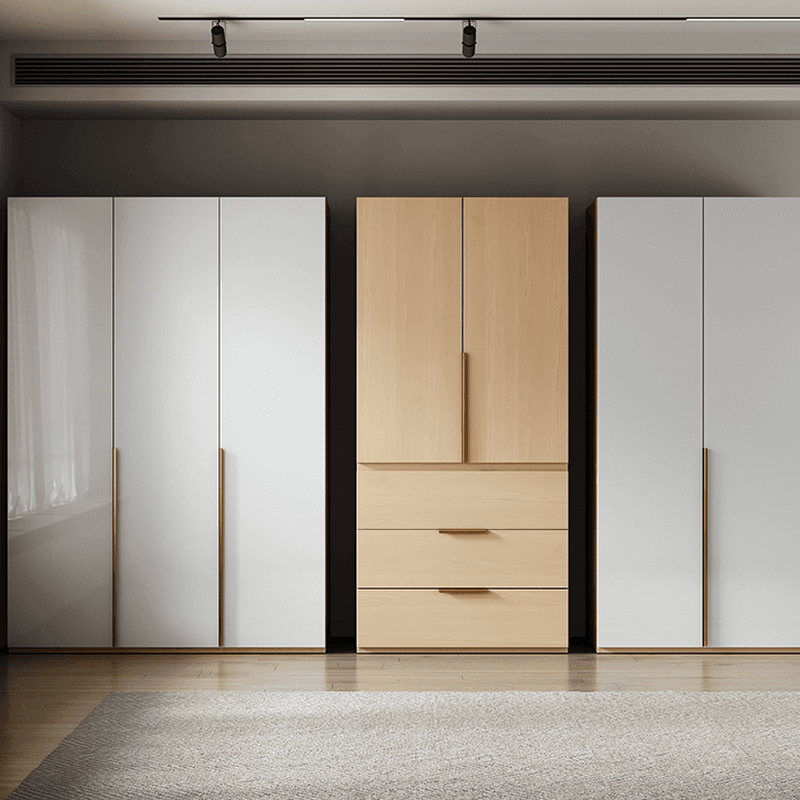 Multicolor/White/Natural Color Art Deco Composite Wood Cabinet Armoire with Hanging Rod, Interior Shelves, Soft Close Door and Soft Close Drawer