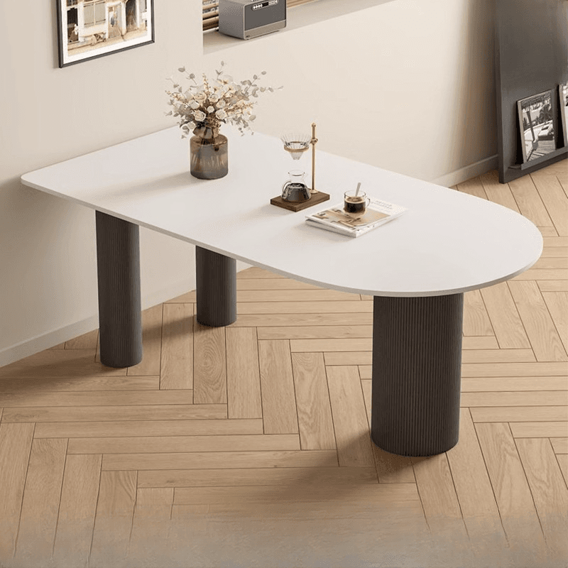 Art Deco Peninsula Dining Table with White Slate Stone Fixed Tabletop at Standard Height