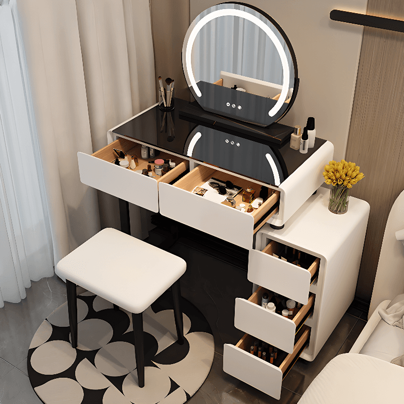 Standard/Small Lumber Vanity Set with 4/5 Drawers, White Seating, Mirror Lights, and Lighting System