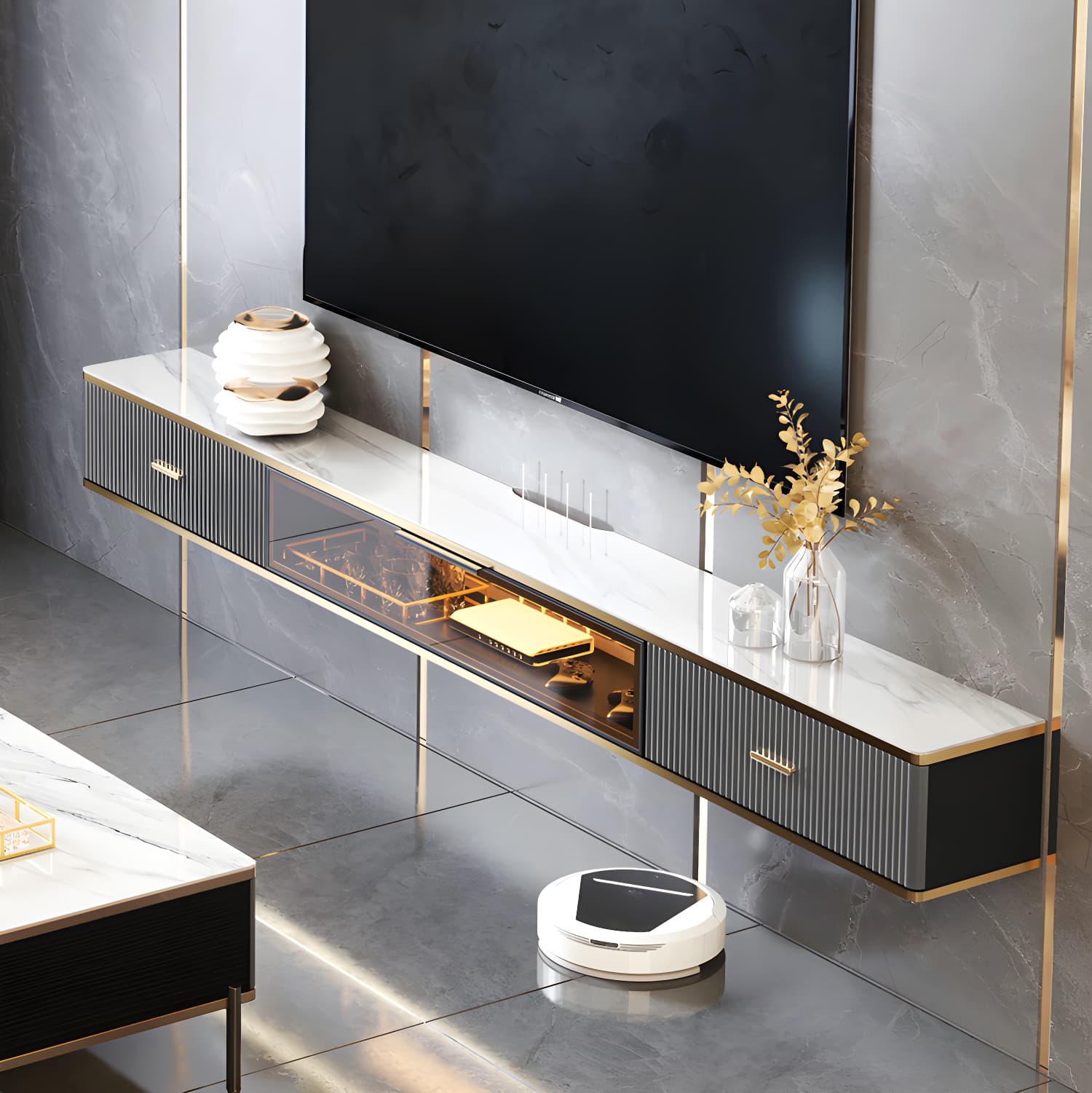 Glam Floating TV Media Stand with Drawers Stone and Wood TV Stand - image 5