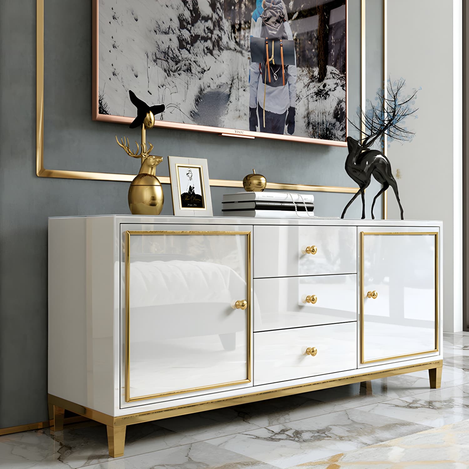 Enclosed Storage Media Console Glass TV Stand Console with Drawers - image 9