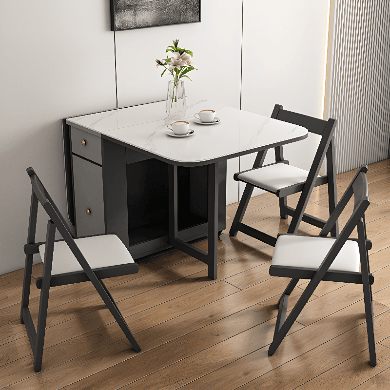 Dining Table Set with Slate Stone Top, Drop Leaf, Padded Chair with Back, White Finish, and Receptacle Storage - image 7