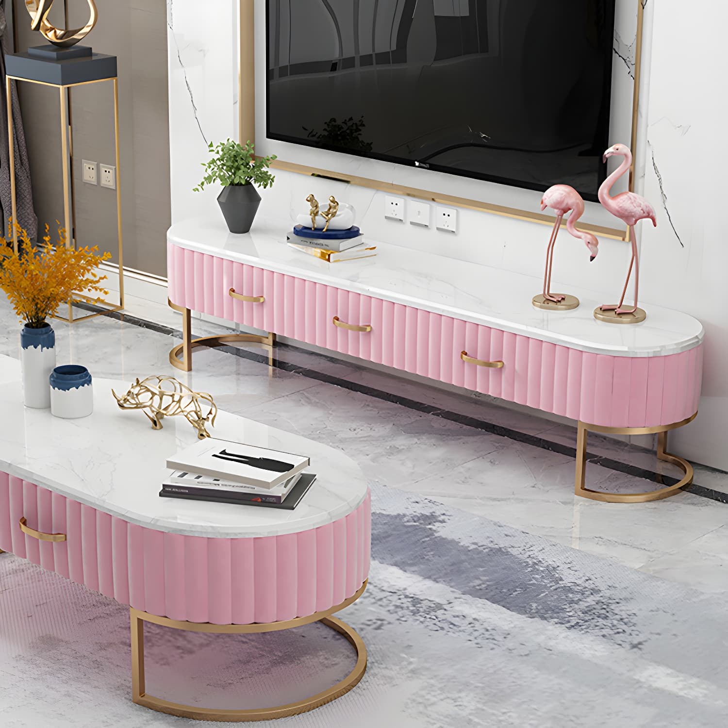 Scandinavian TV Stand Imitation Marble Enclosed Storage TV Console with Drawers - image 14