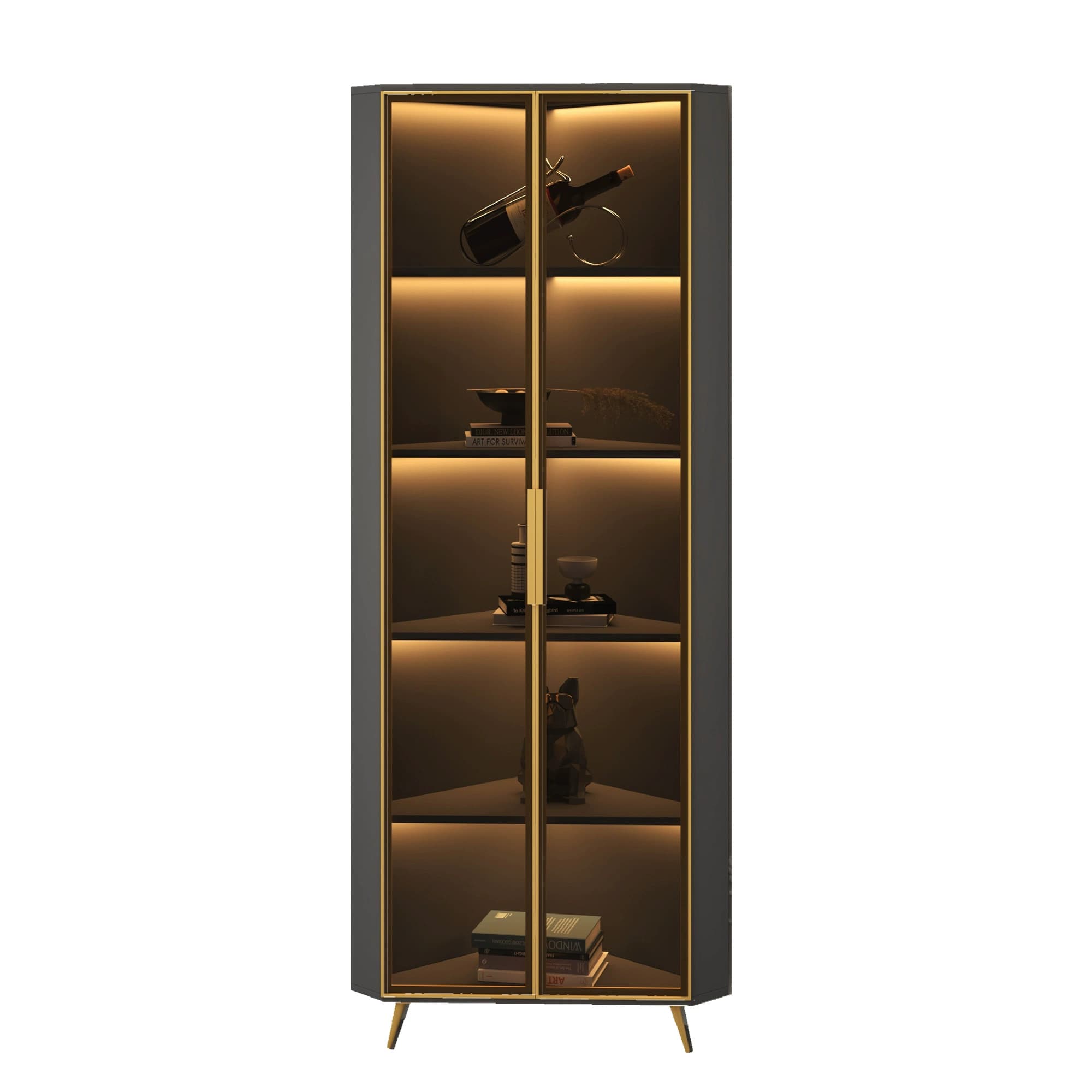 Contemporary Wood Corner Accent Cabinet with Clear Glass Doors, Metal Legs and Interior Shelves - image 9