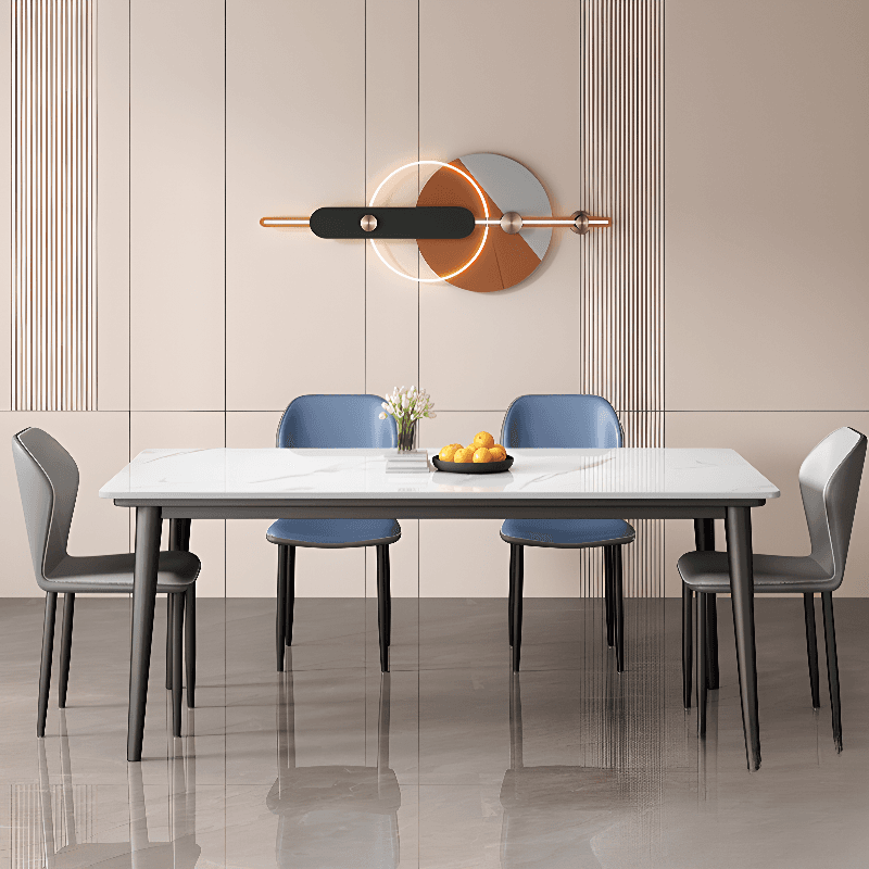 Trendy Rectangular Dining Table with Slate Stone Top, Standard Height, Fixed Table in White, Scratch-shielded
