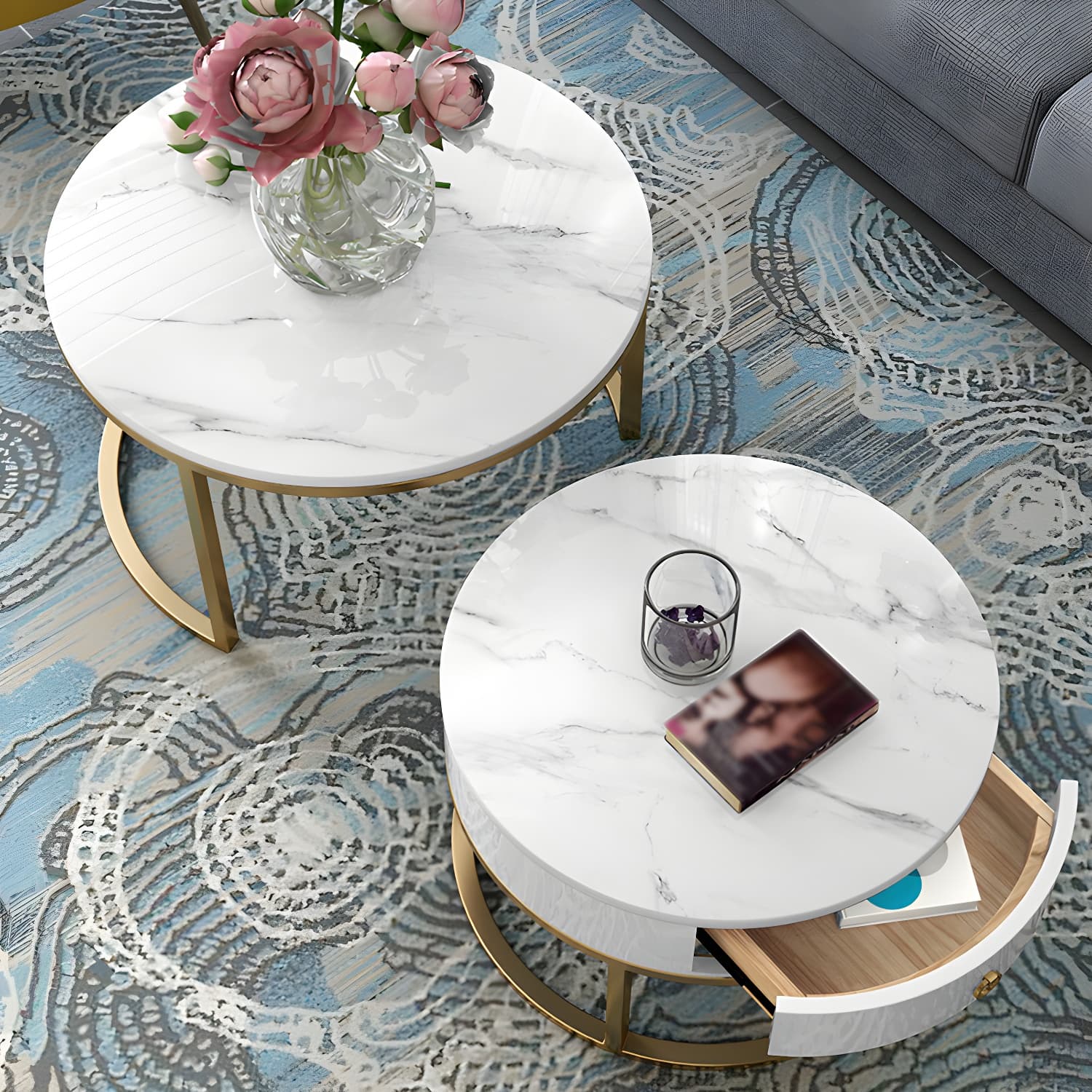 Round Frame Coffee Table Slate Nesting Coffee Table Set with Drawer - image 5
