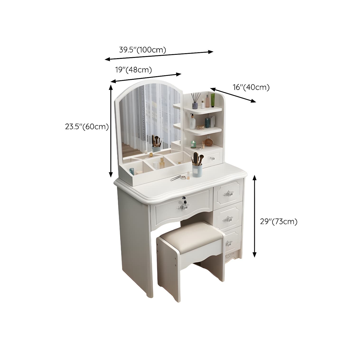 Modern White Wood Makeup Vanity with Seating & Standing Mirror - image 11