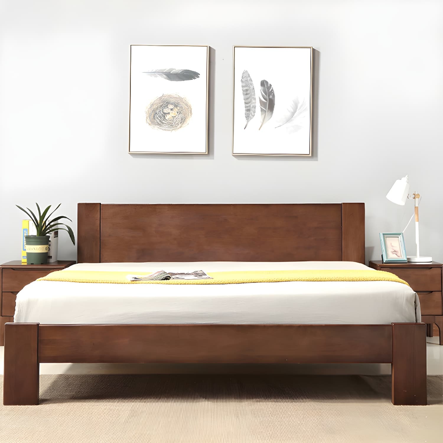 Modern Solid Color Panel Bed Rubberwood Standard Bed with Headboard - image 4