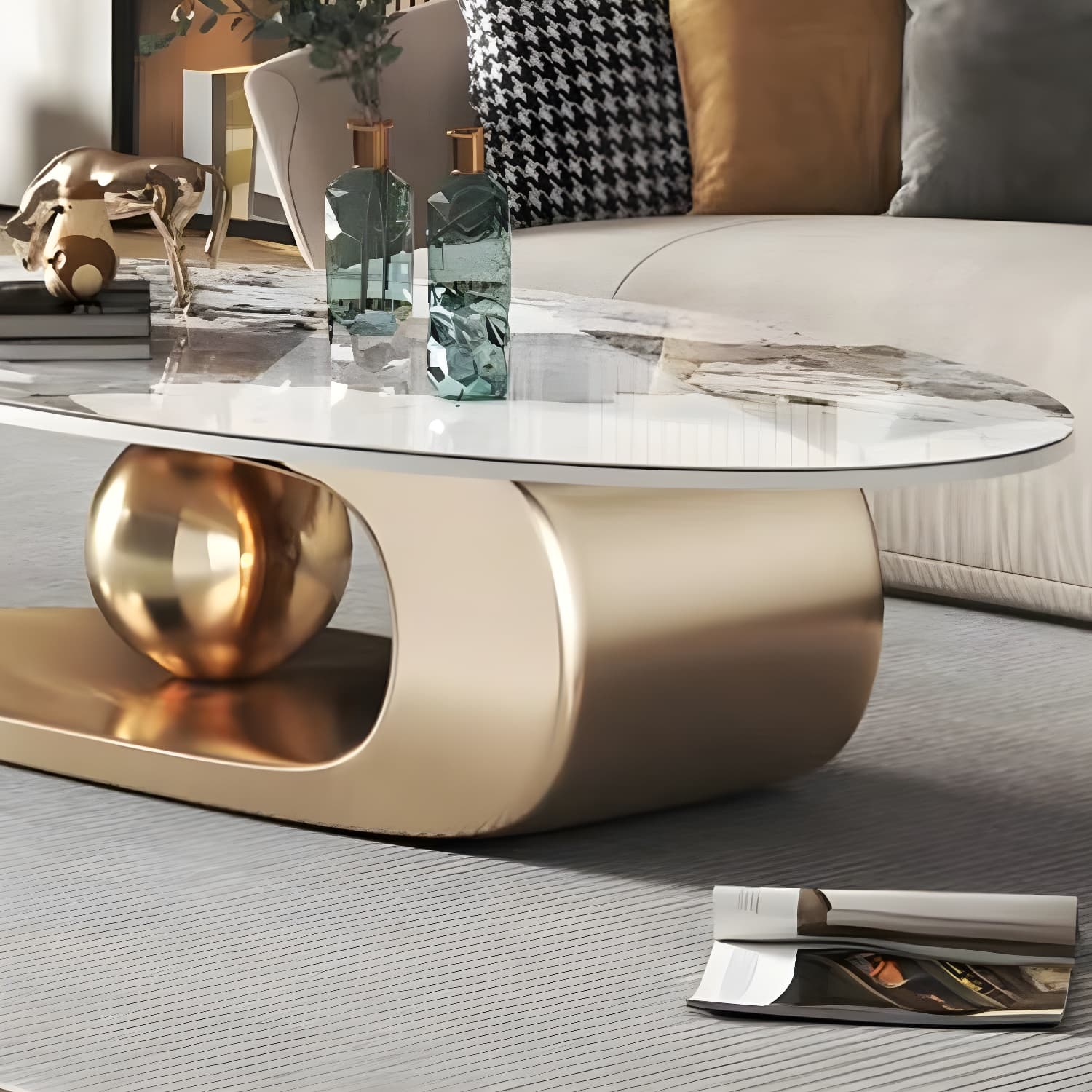 Glam Stone Coffee Table - Beige Oval Shape with Abstract Stainless Steel Base and Scratch Resistant - image 12