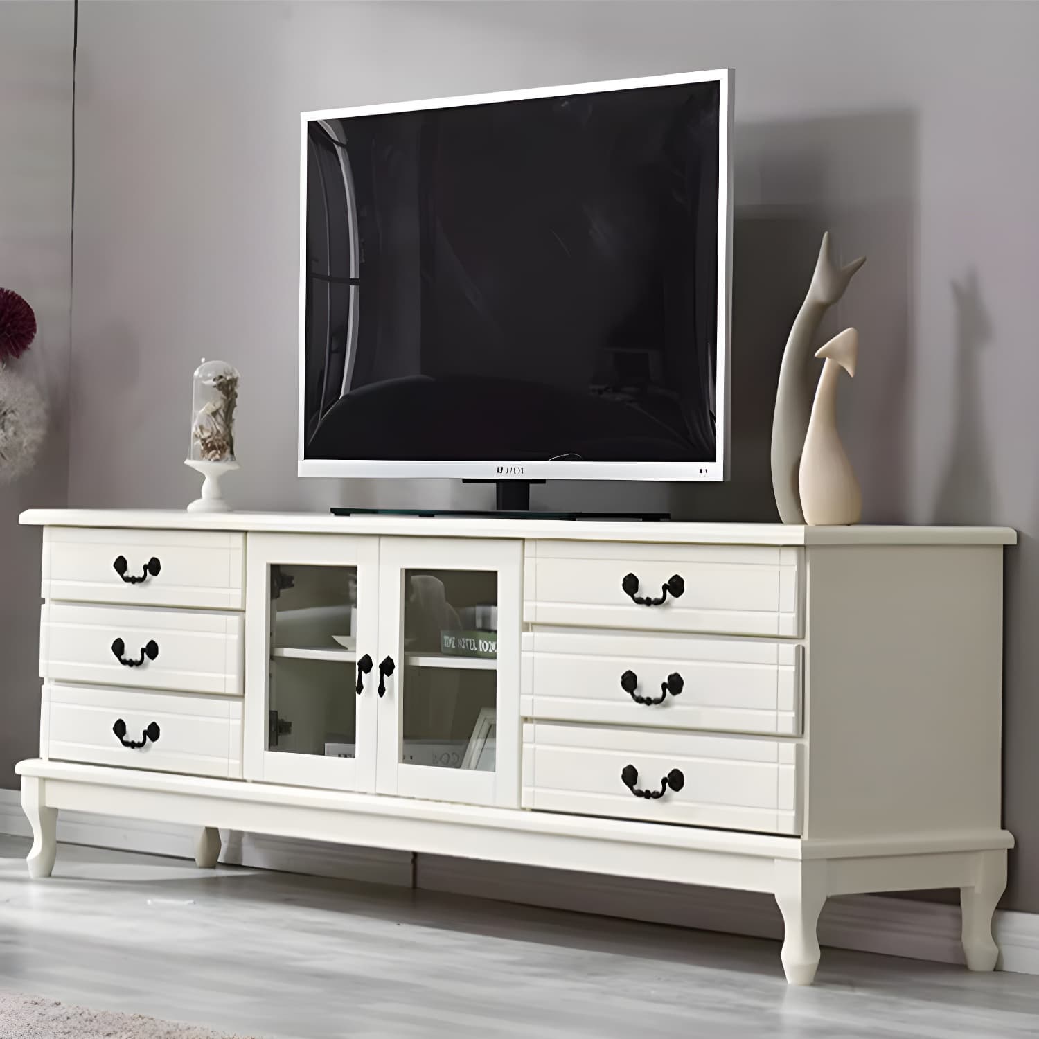 Modern 6-Drawer Solid Wood TV Stand with Glass Doors - 23.5" High - image 8
