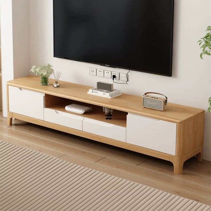Scandinavian Low Profile 40cm Wide Wood TV Stand with Two Drawers and Cabinet No Assembly Required