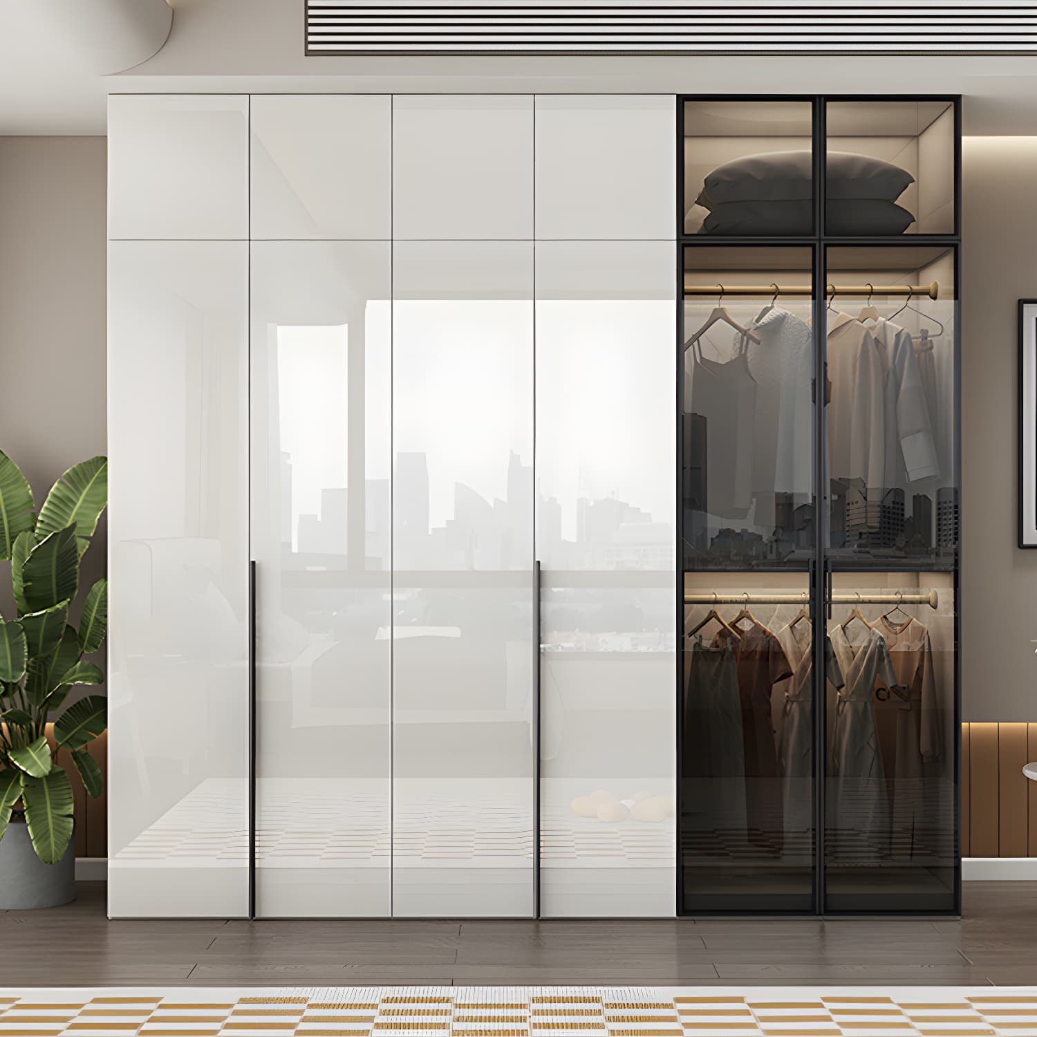 Sleek White Wood Wardrobe Armoire with Soft Close Drawers and Shelves