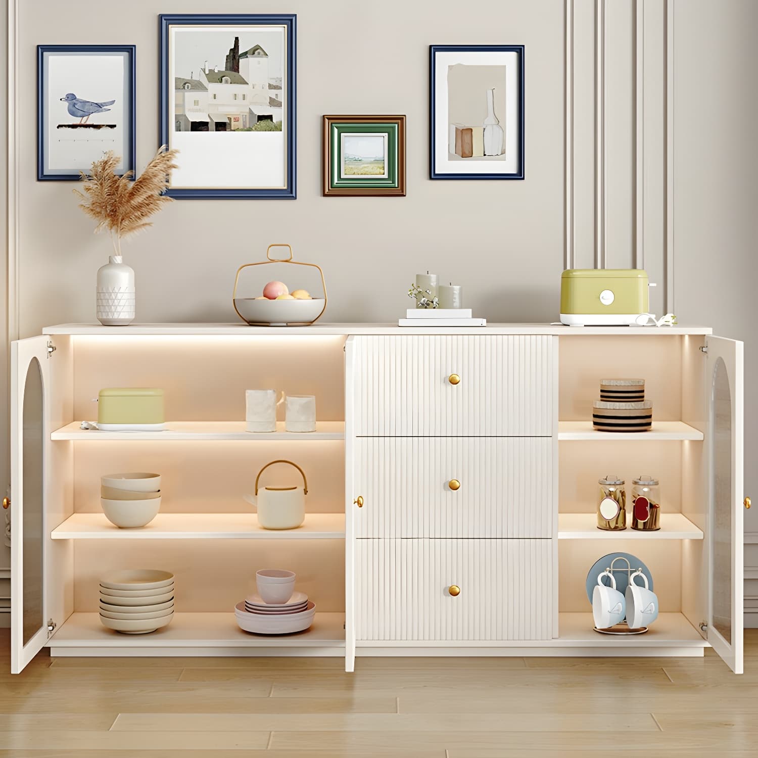 Glam White Wood Sideboard Credenza with Glass Doors and Adjustable Shelves - image 3