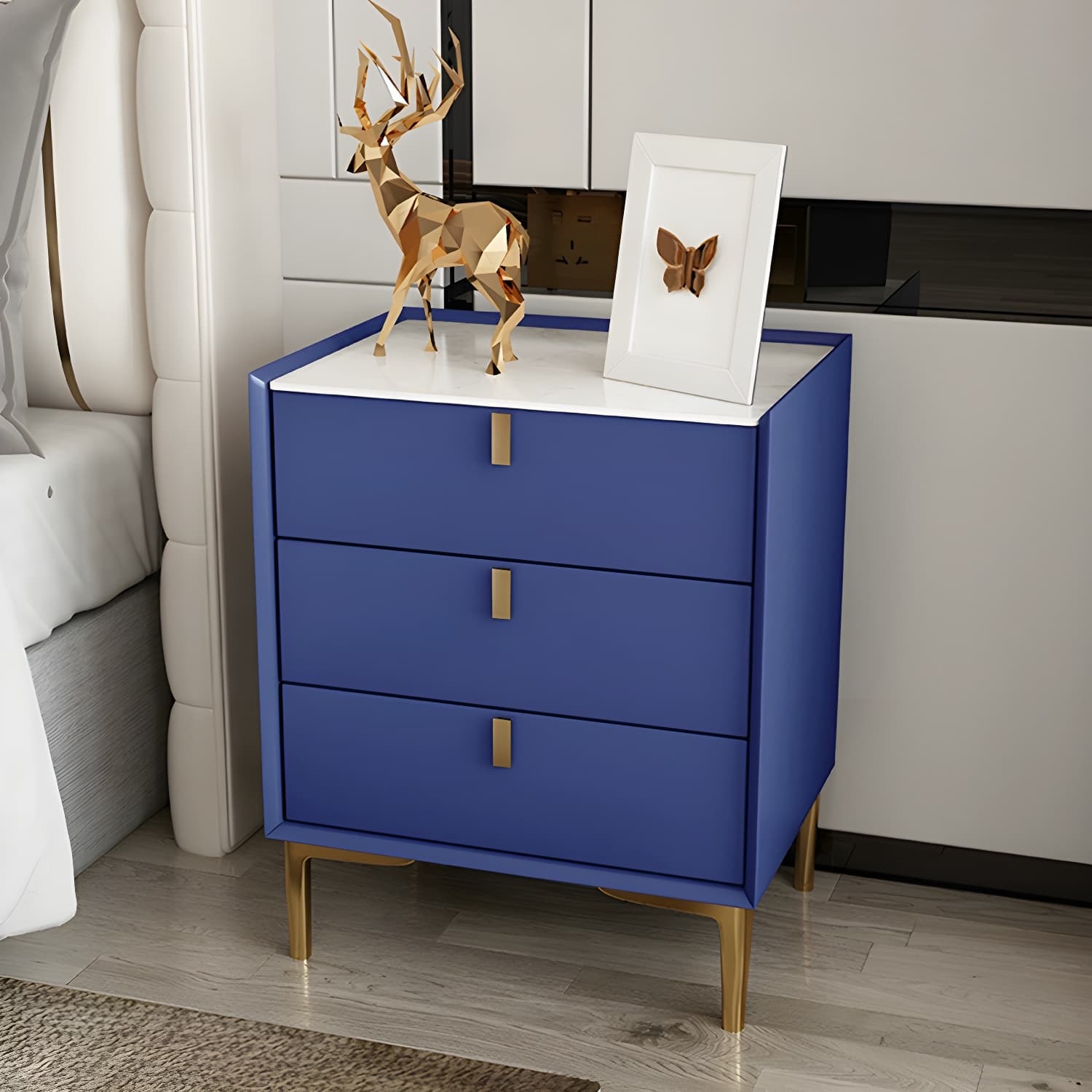 Glam Style Sintered Stone Top 3-Drawer Nightstand with Legs for Bedroom