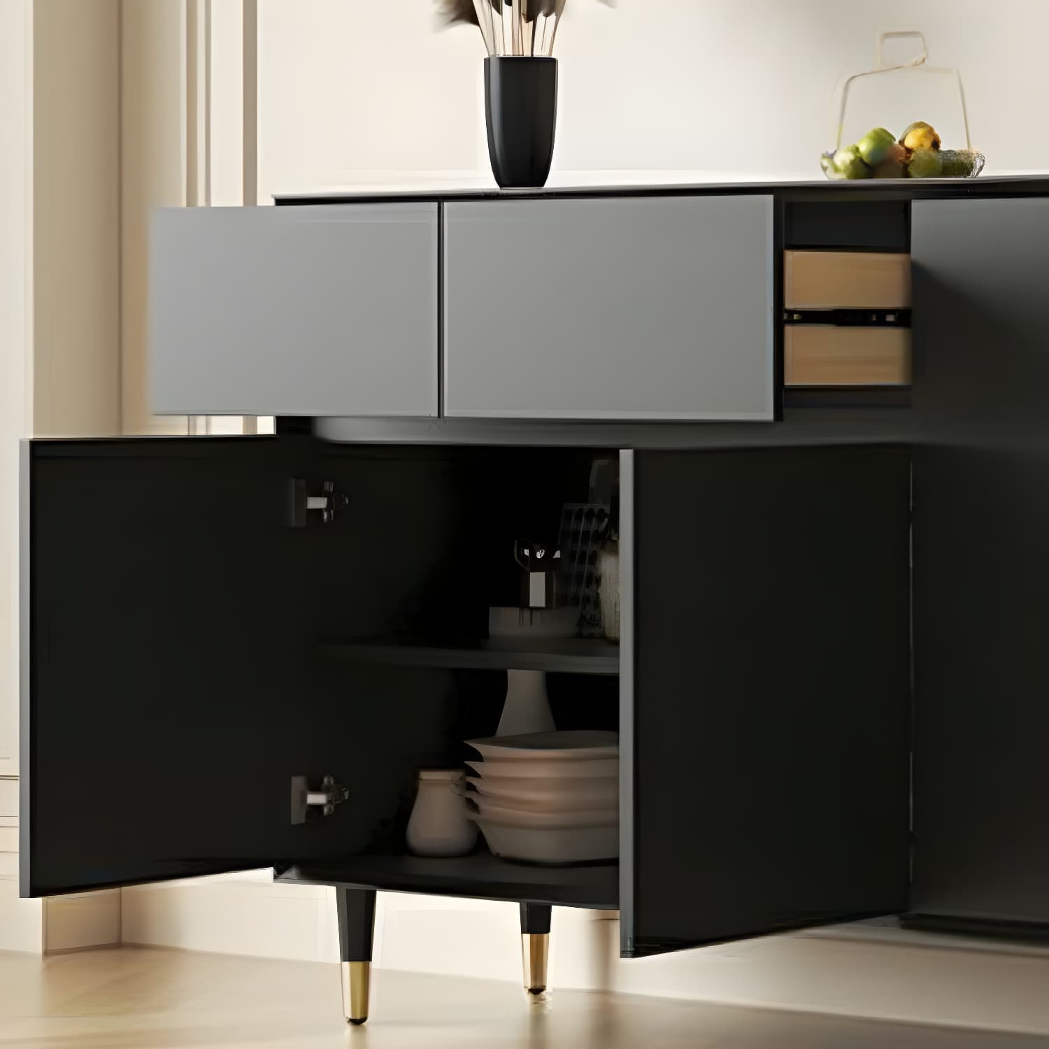 Wood Glam Sideboard Credenza with Glass Doors and Drawers, 40cm Overall Width, 85cm Overall Height - image 11