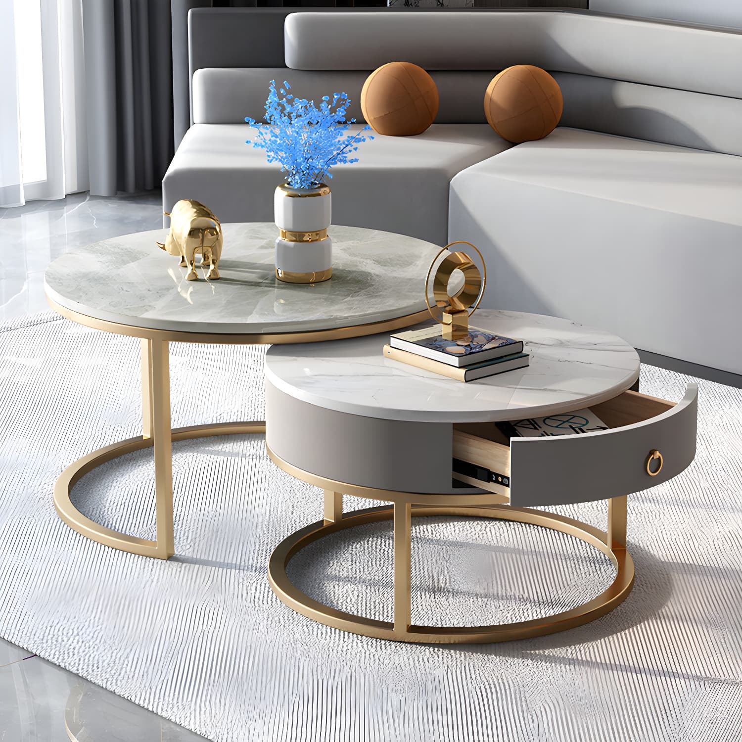 Slate Round Frame Coffee Table Modern Nesting Coffee Table Set with Drawer - image 6