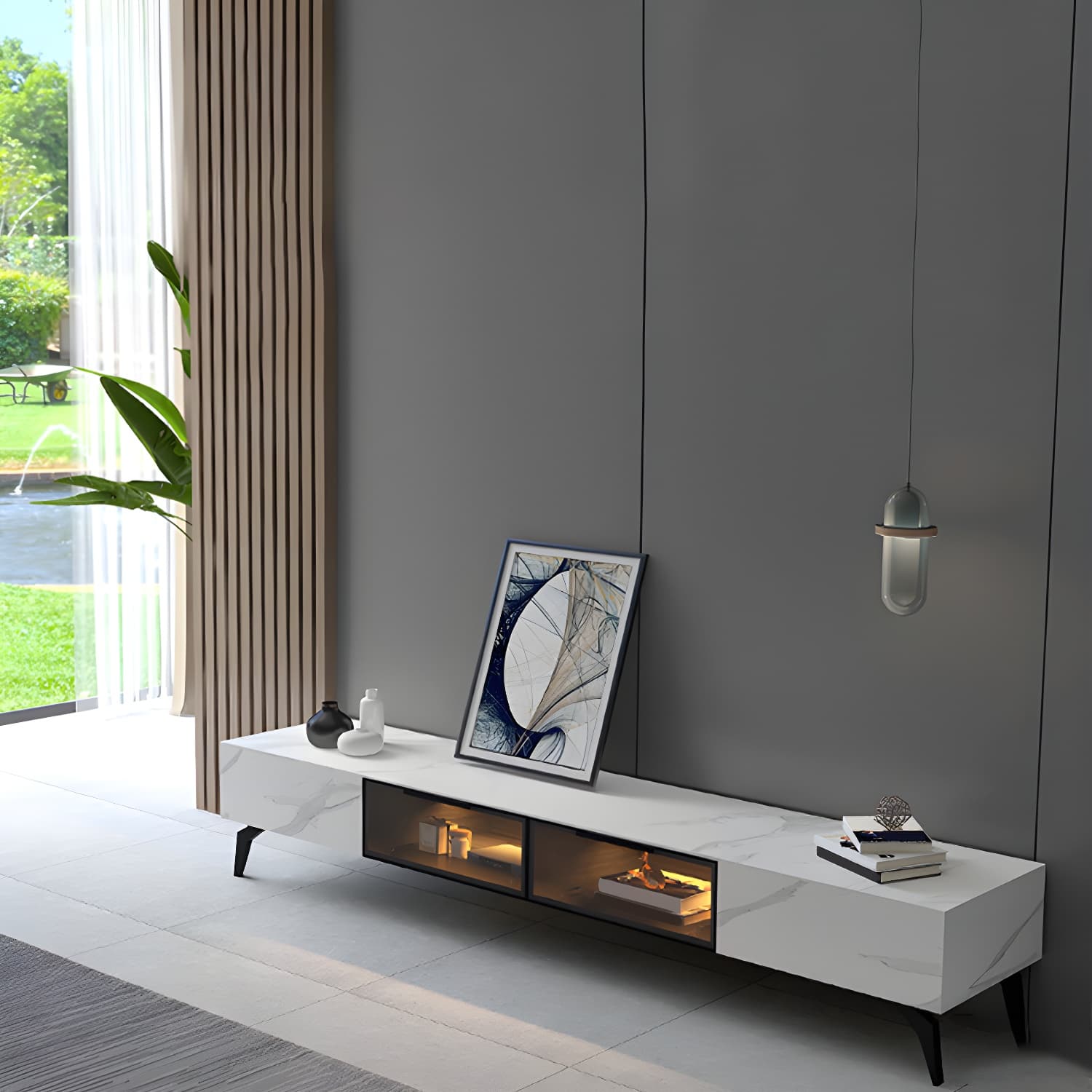 Modern Slate TV Stand White Closed Storage TV Console with Sensor Light - image 4