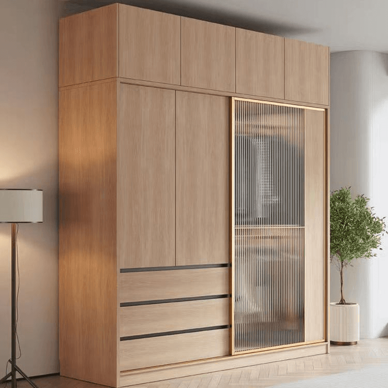 Natural Finish Art Deco Timber Wardrobe Armoire with Soft Close Drawer, Soft Close Door, Interior Shelves, and Clothing Rod - image 3
