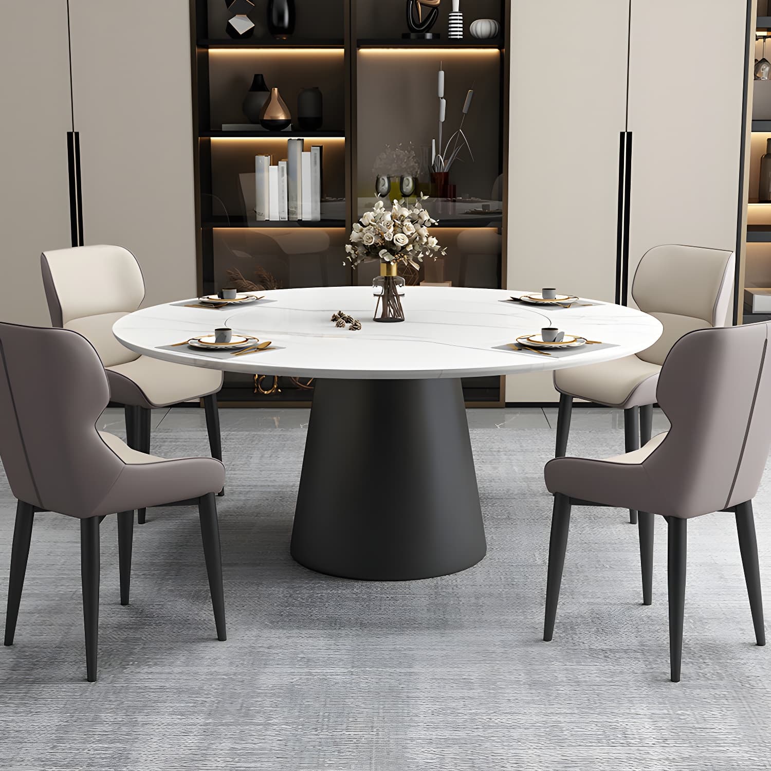 Modern Round Dining Table White and Black Metal Base Convertible Dining Table - image 5