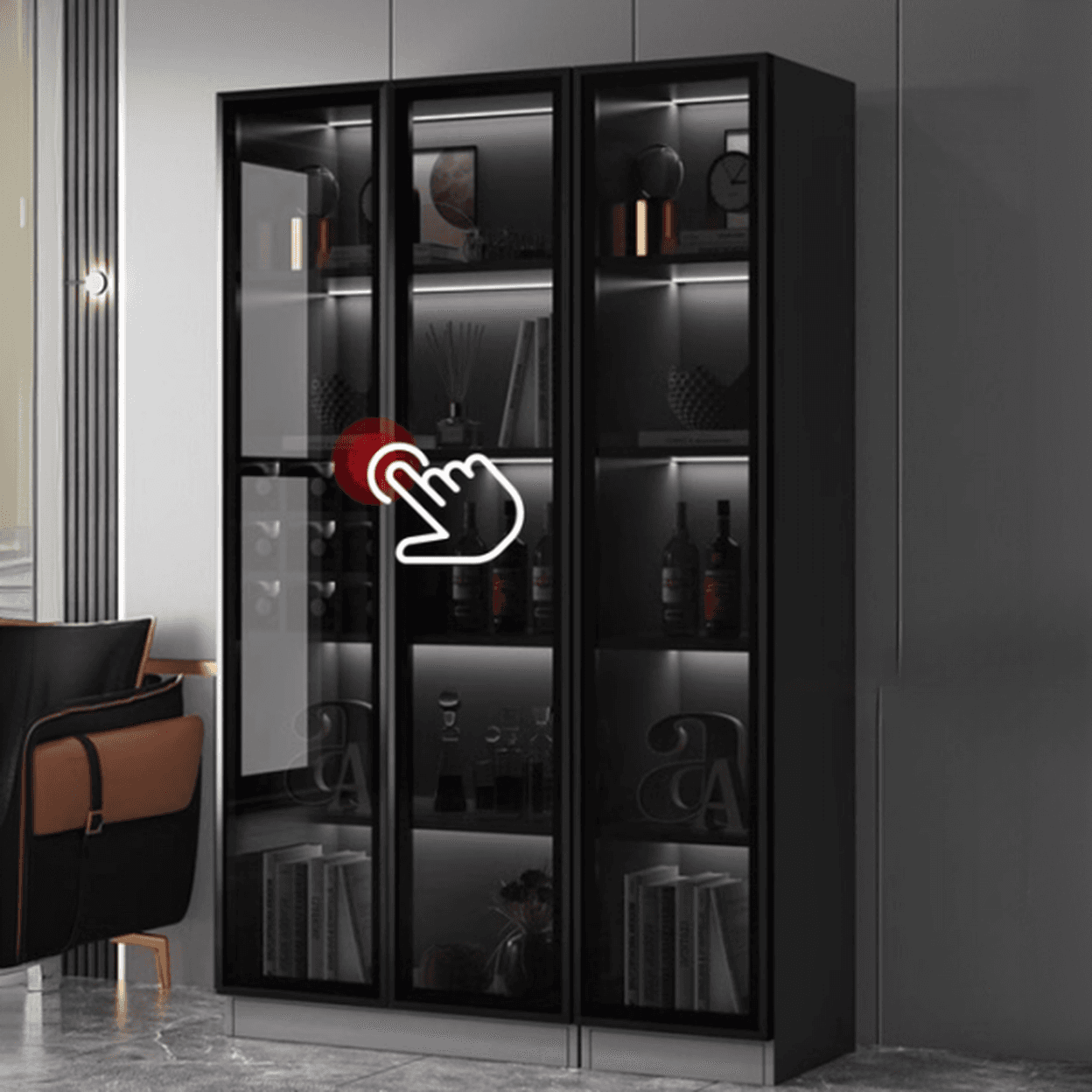 Contemporary Rectangle Utility Storage Cabinet with Storage Cabinet, Composite Wood Countertop, Glass-panel Door in Midnight Black