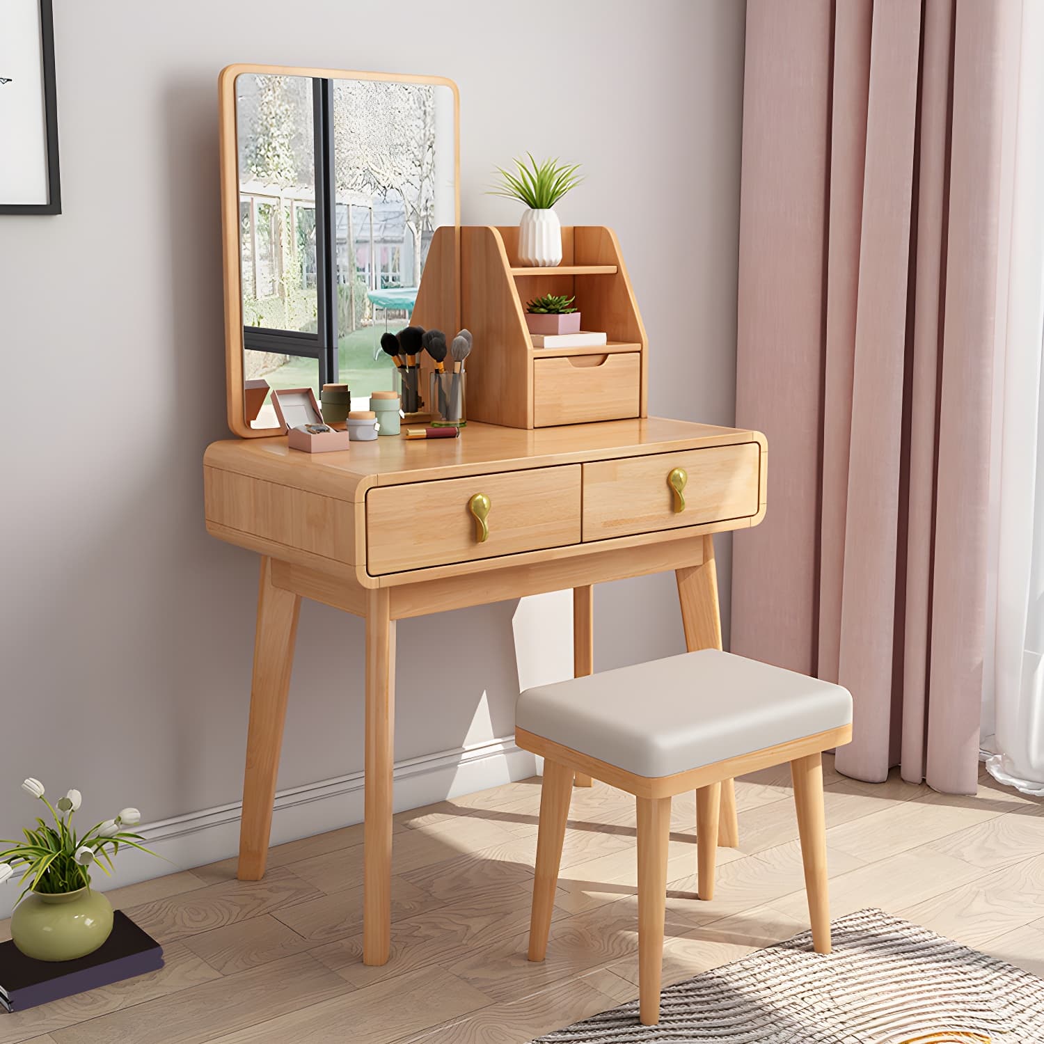Scandinavian 3-Drawer Dressing Table Solid Wood Vanity Makeup Table Set