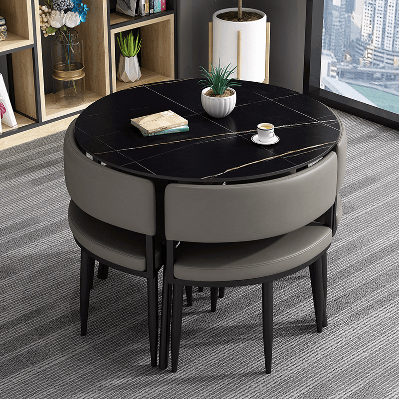 Circular Dining Table Set with a Slate Tabletop in White/Gray/Coal, Back and Cushion Chair for Dining Table for 4 in a Simple Style