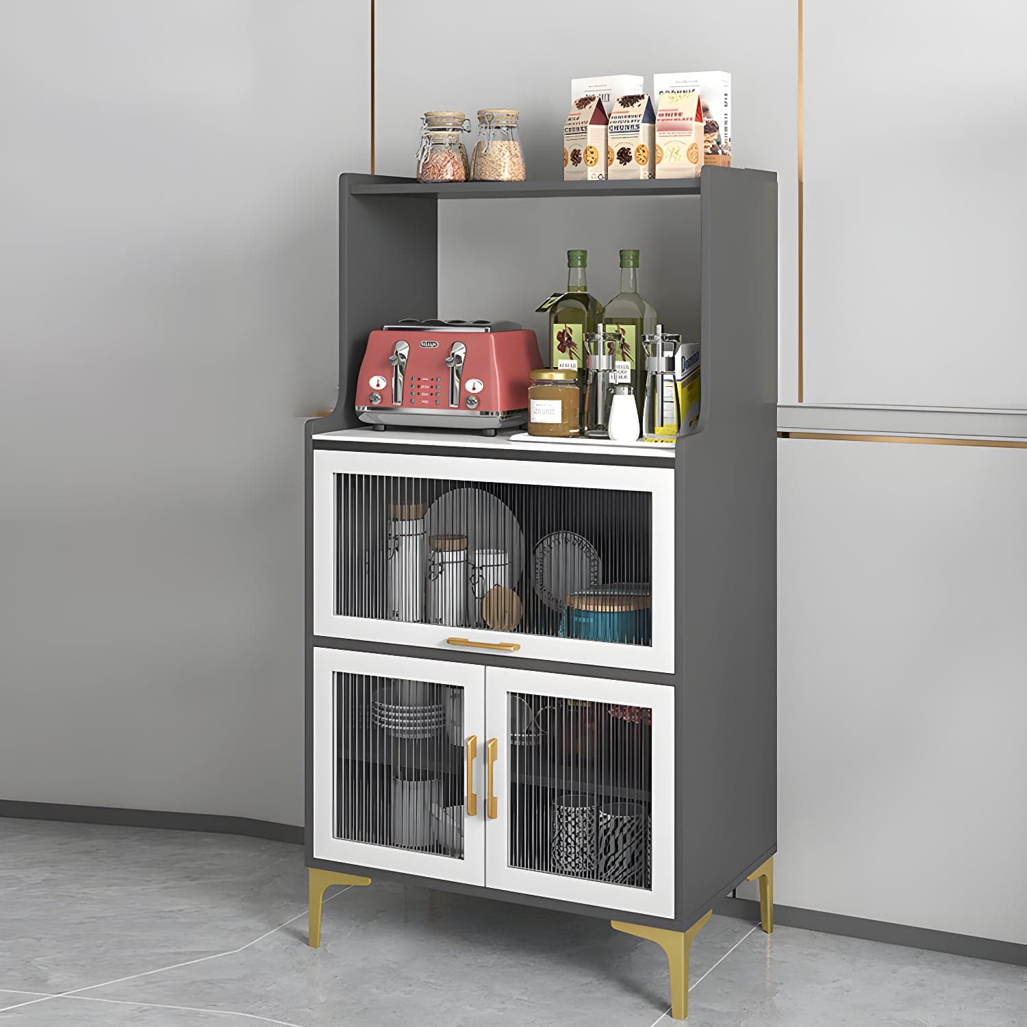 Sintered Stone Countertop Dining Server Manufactured Wood Kitchen Server with Glass Doors - image 3