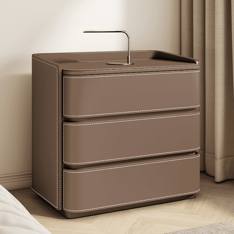 Contemporary 3 Tiers Genuine Leather Drawer Storage Bedside Table