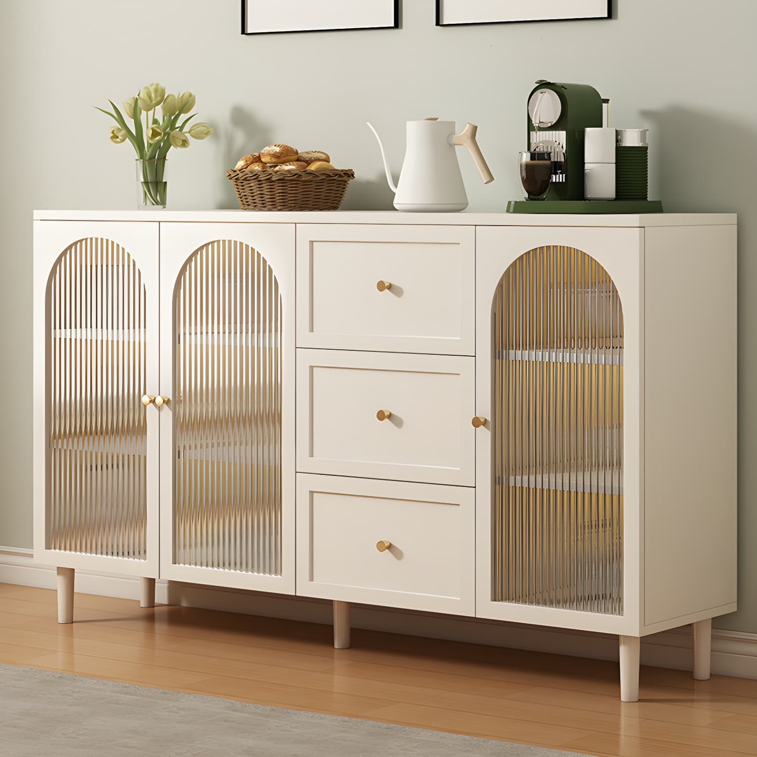 White Modern Sideboard Credenza with Cabinets and Shelves for Storage and Display