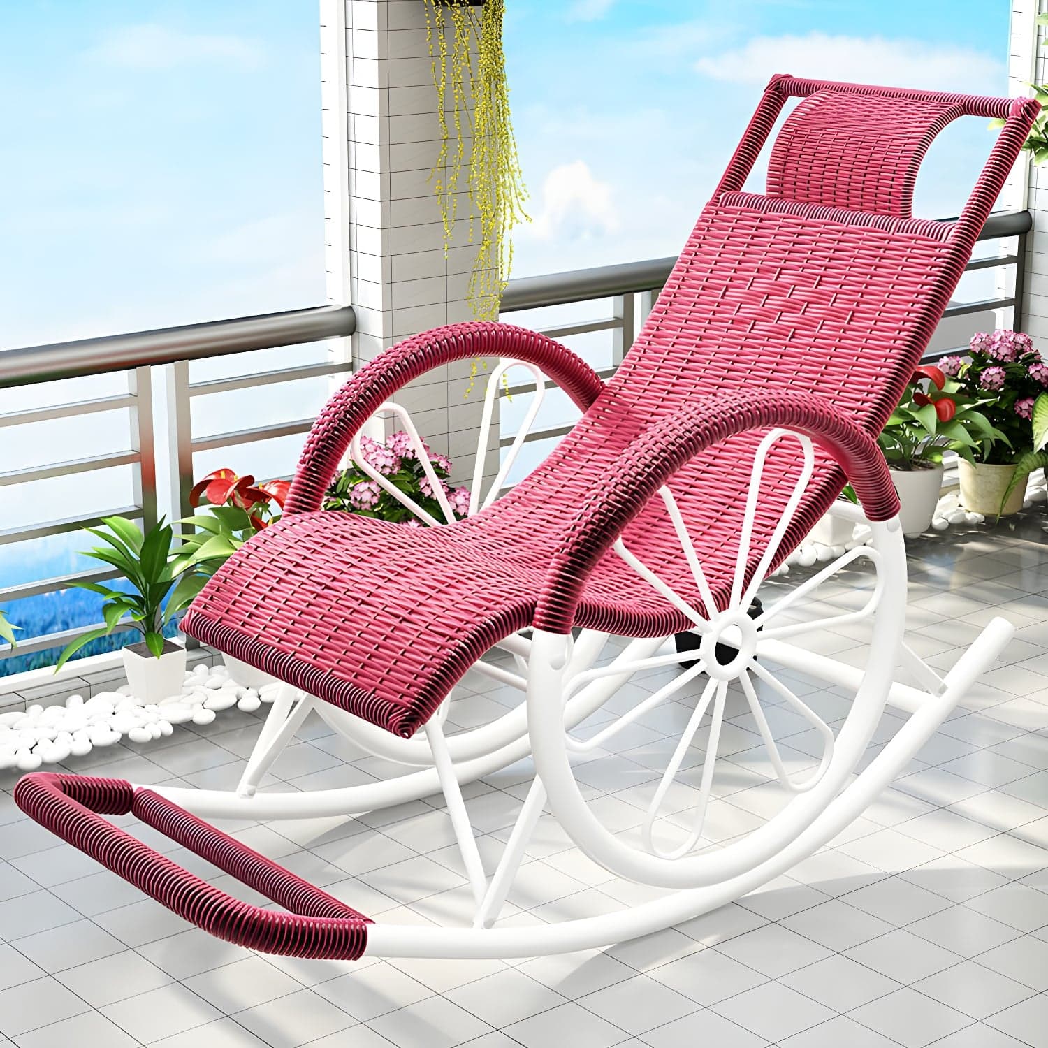 Modern Spindle Rattan Rocking Chair Metal Frame Wheel Handrail Design Rocker Chair - image 8