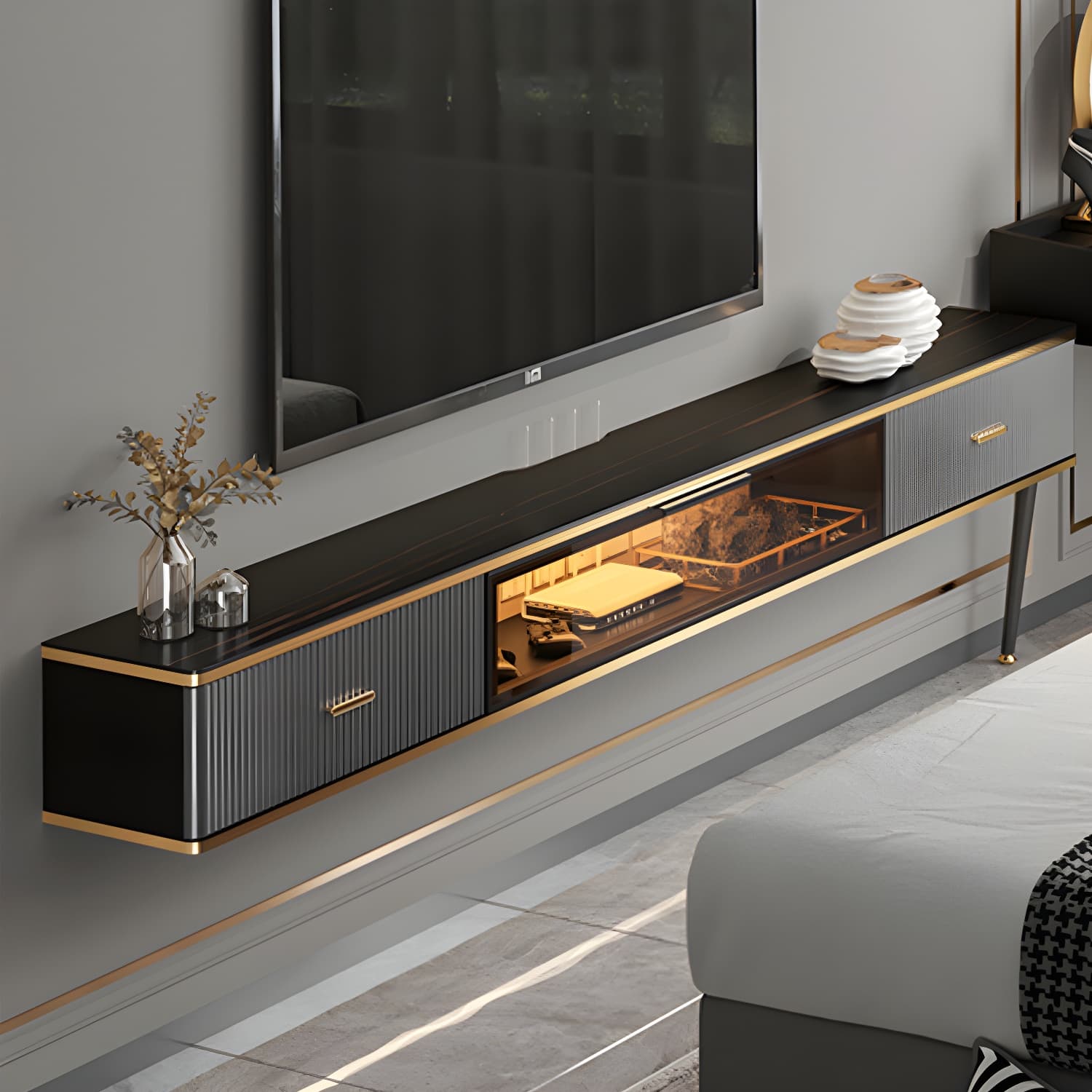 Black Slate TV Cabinet Gorgeous Style Home Wall Mounted TV Cabinet Console - image 3