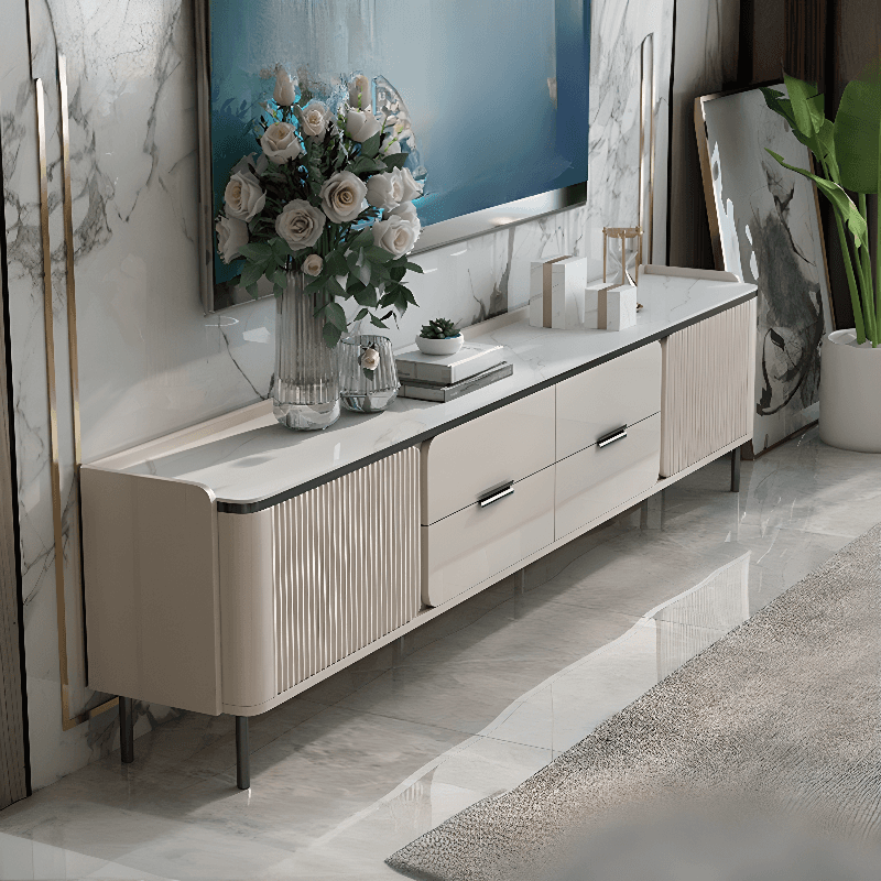 Chalk Art Deco Sintered Stone TV Stand for Sitting Room with 4/3 Drawers, 2 Cabinets, and Gate Doors - image 5