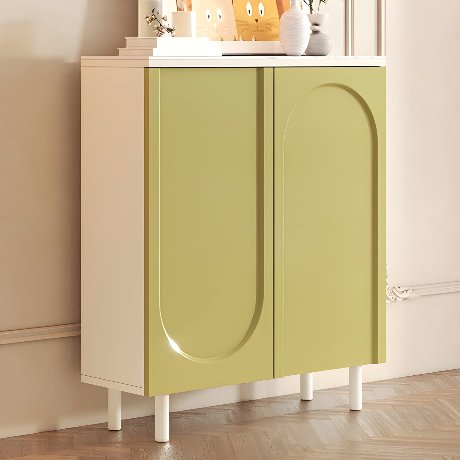 Scandinavian Wood Sideboard Cabinet with Stone Countertop, Adjustable Shelves