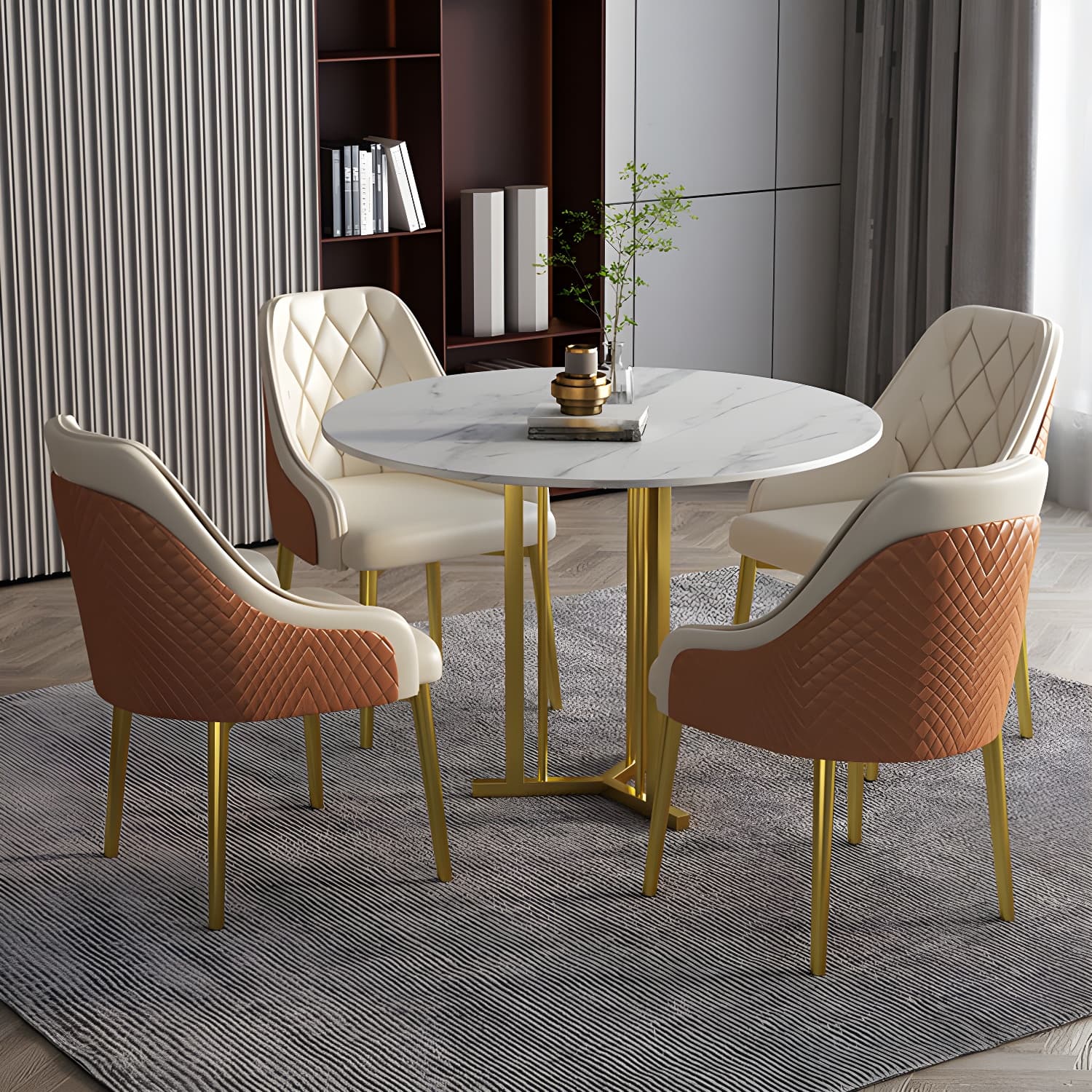 Stone Top Dining Table Contemporary Dining Table with Gold Pedestal Base - image 4