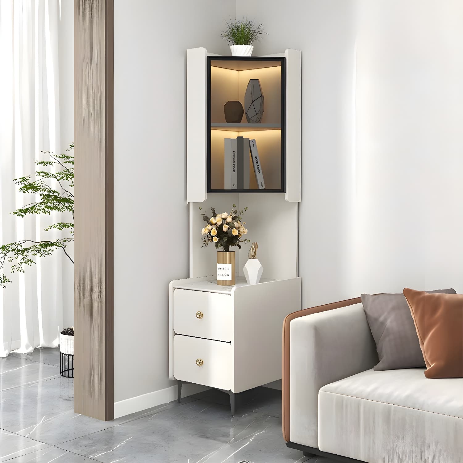 Elegant Corner Accent Cabinet with Glass Doors and Black Metal Base