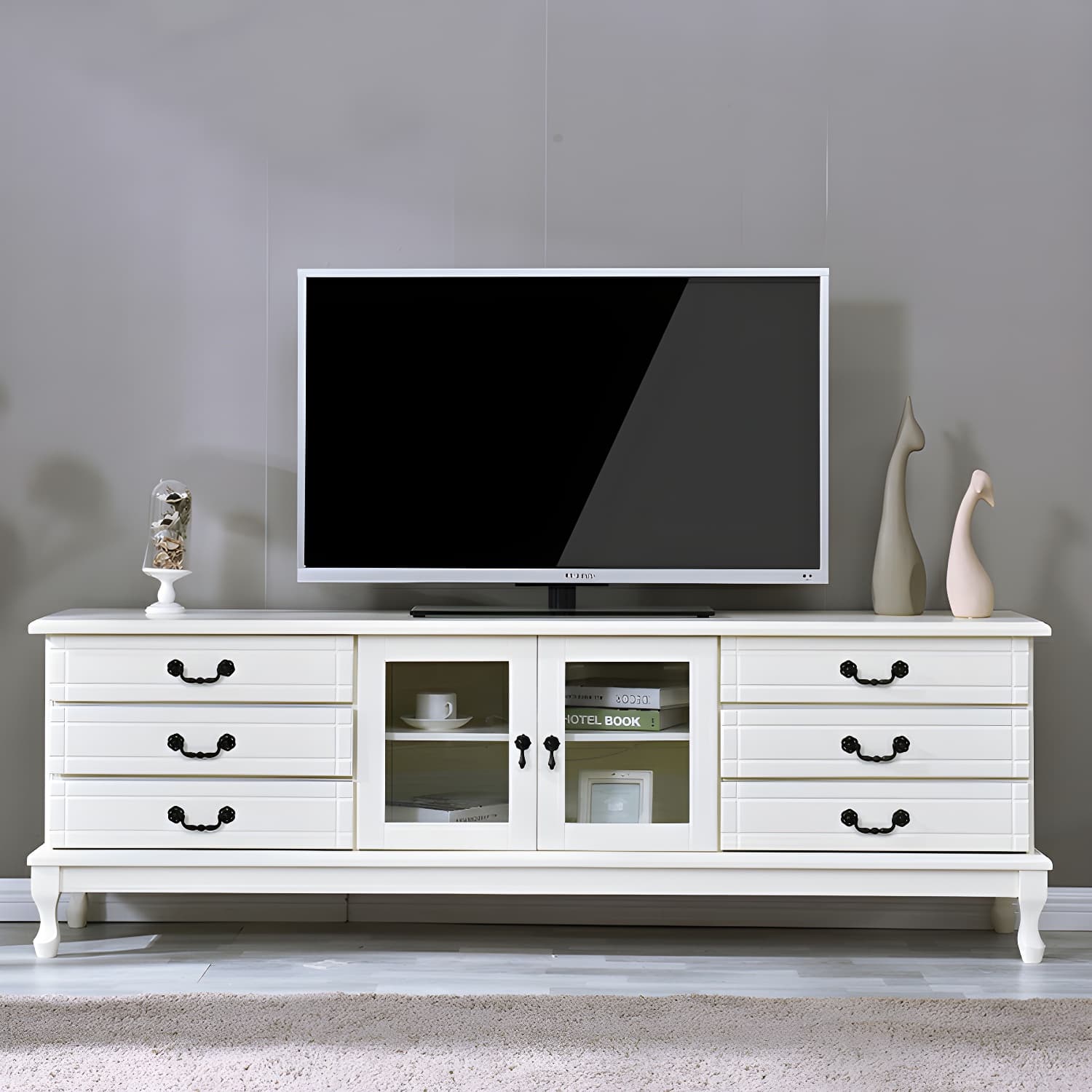 Modern 6-Drawer Solid Wood TV Stand with Glass Doors - 23.5" High - image 4
