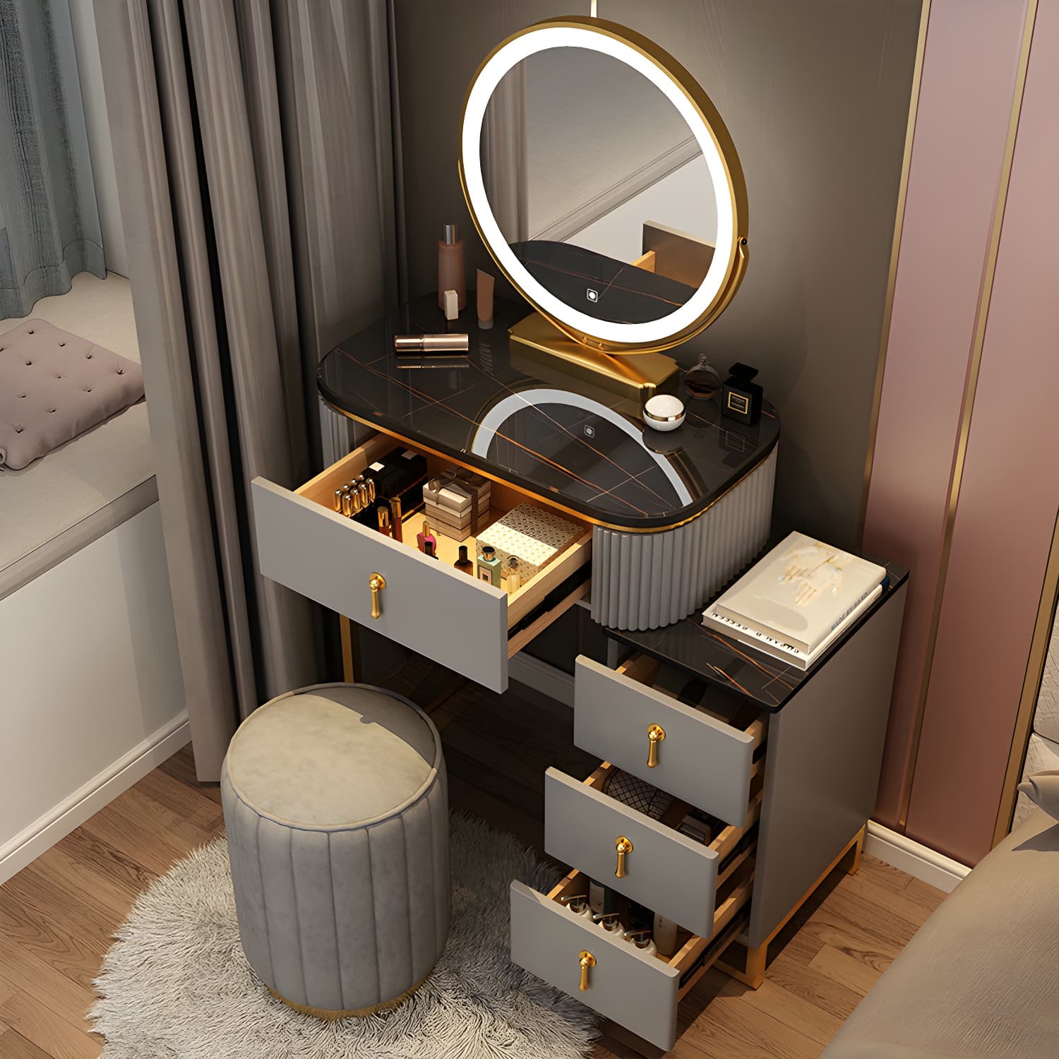 Lighted Mirror Makeup Vanity Desk with 4 Drawers Glam Makeup Vanity Set - image 7