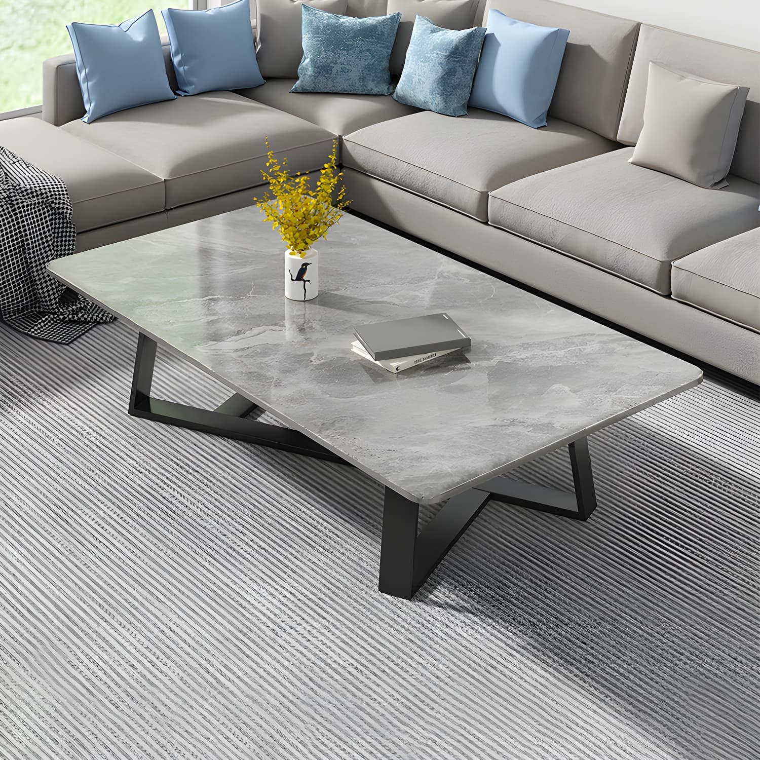 Stone and Metal Coffee Table Contemporary Coffee or End Table with Cross Legs - image 3