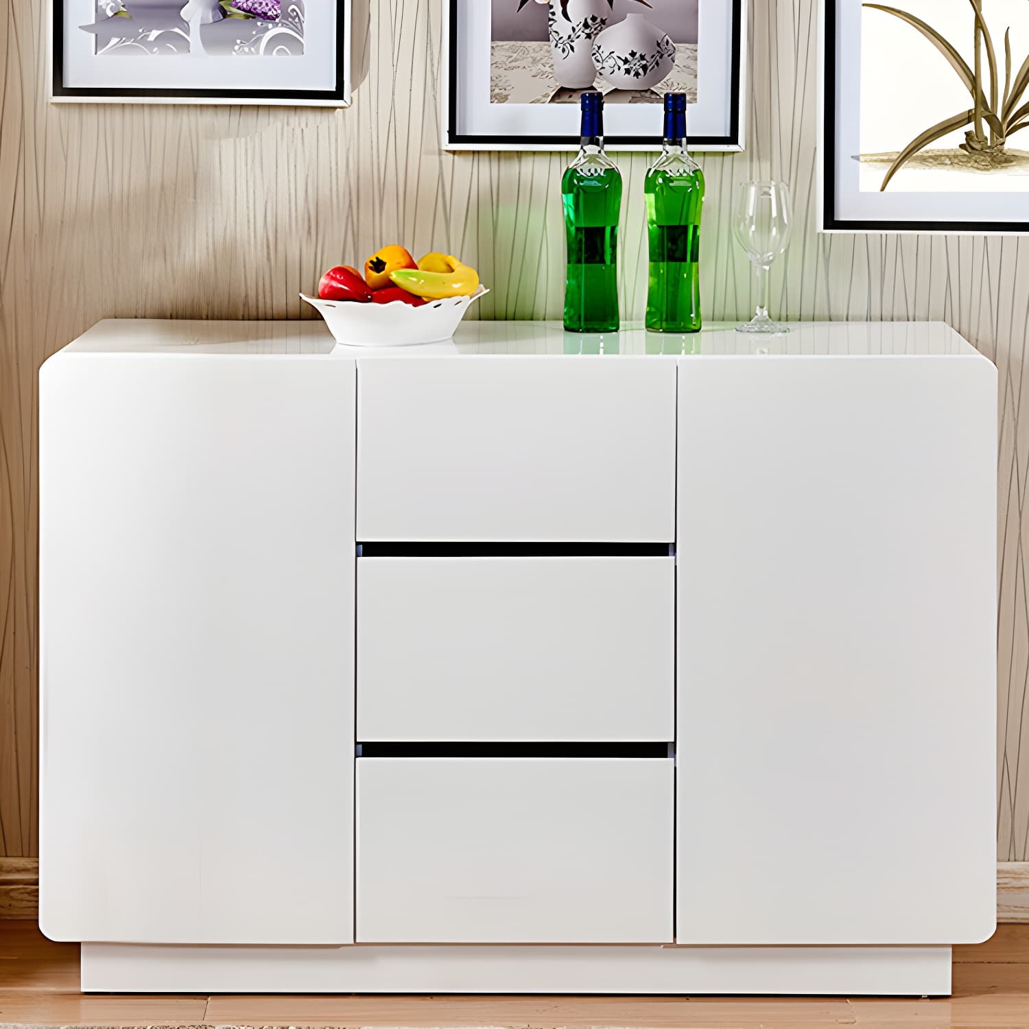 Contemporary White Sideboard Table with Drawers and Adjustable Shelving